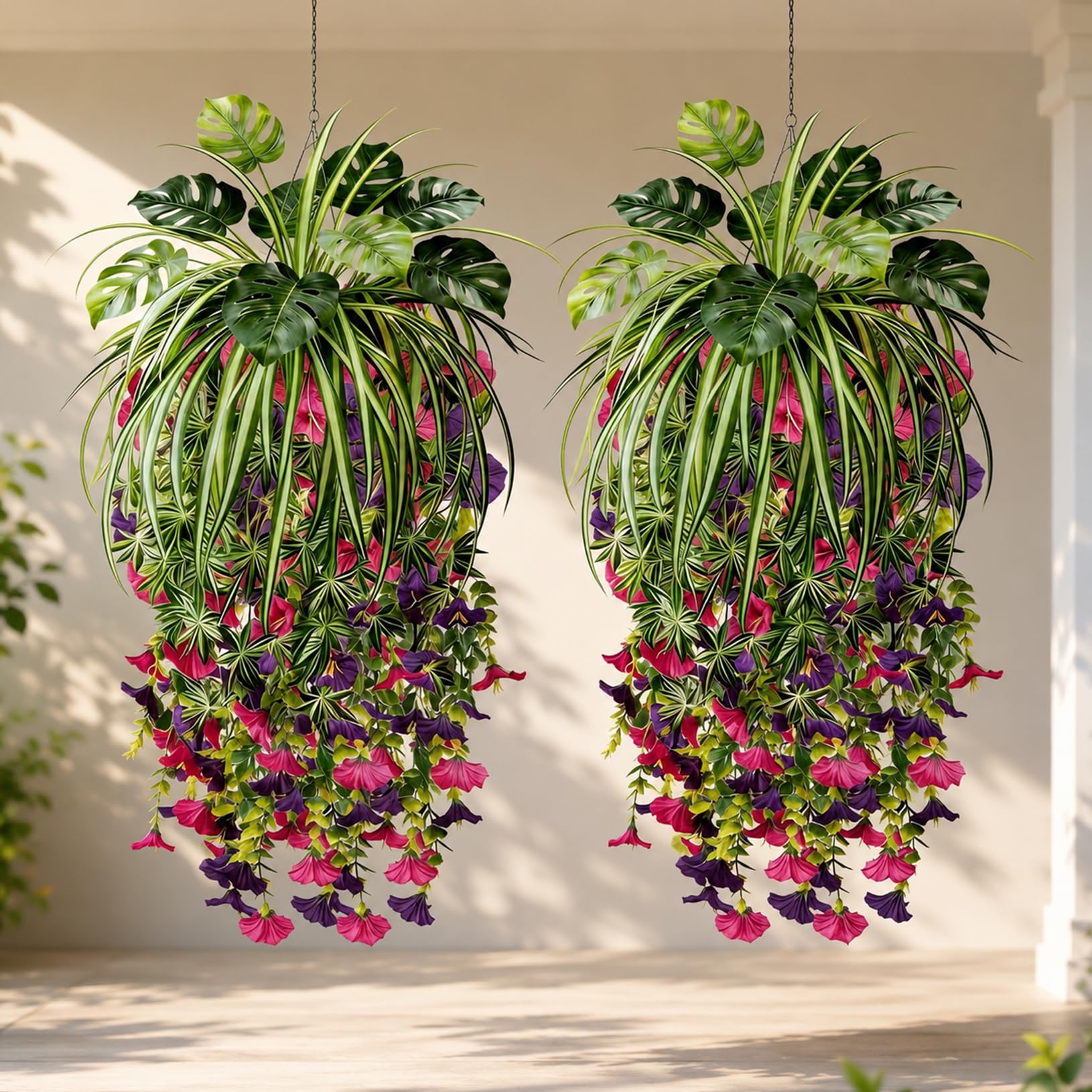 ATAVSADN Artificial Flowers Artificial Plants Hanging for Outdoors, UV Resistant Faux Flowers Fake Greenery, for Porch, Patio, Balcony And Garden Decor 2Pack,One Size