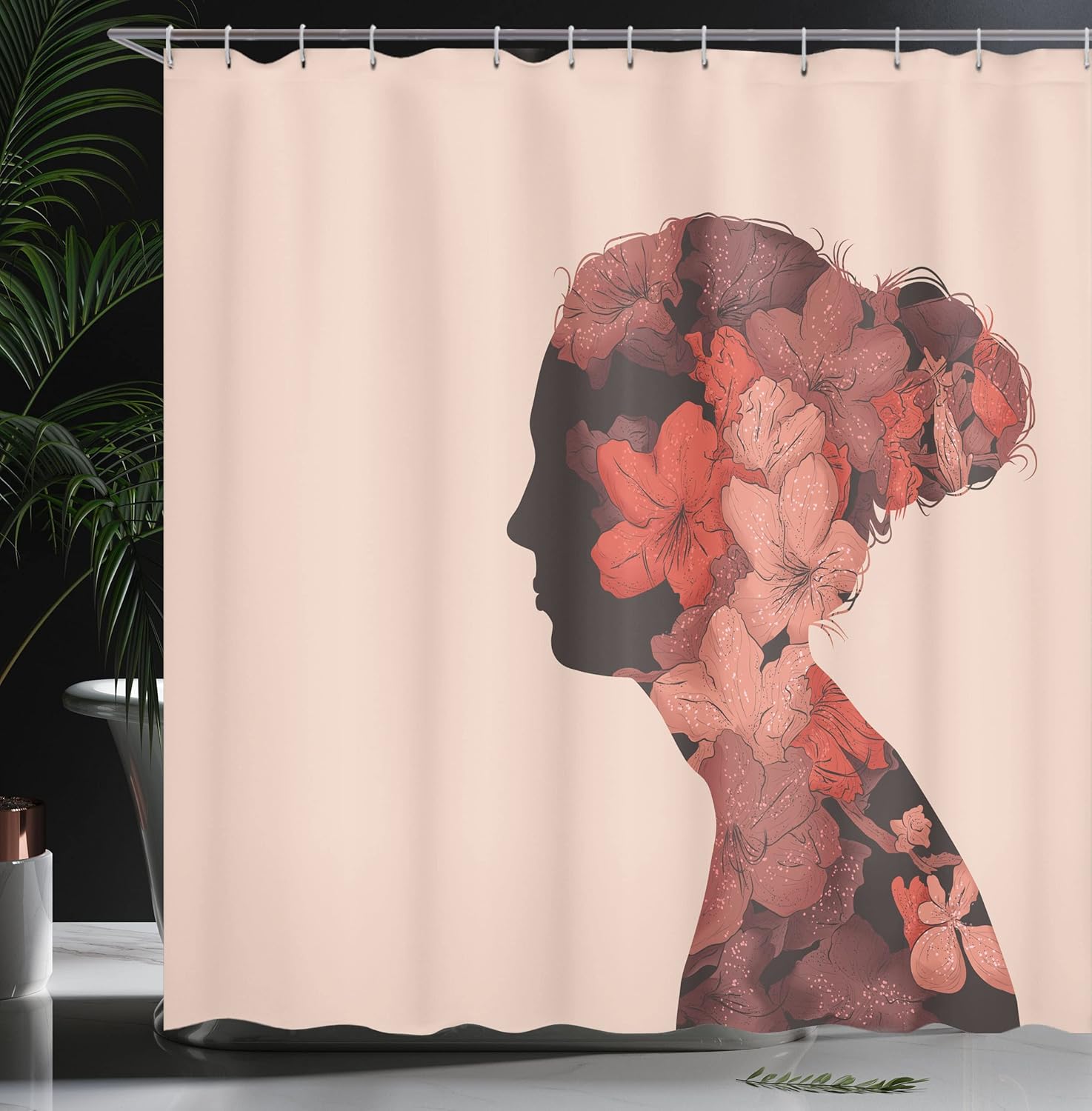 Ambesonne Retro Shower Curtain, Portrait of a Woman in Double Exposure Floral Effects Illustration Print, Cloth Fabric Bathroom Decor Set with Hooks, 69" W x 70" L, Dark Taupe Peach Coral
