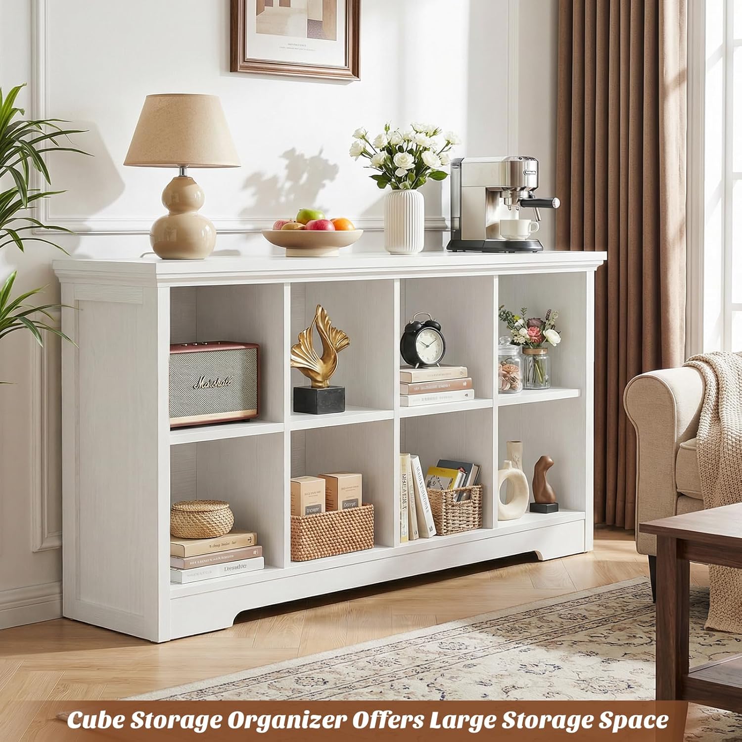 Aheaplus Wooden 8-Cube Storage Organizer with Charging Ports, Modern Cube Bookcase with Base, 3-Tier Floor Standing Open Cubbies Bookshelf, Cubicle Display Shelf for Home and Office, White