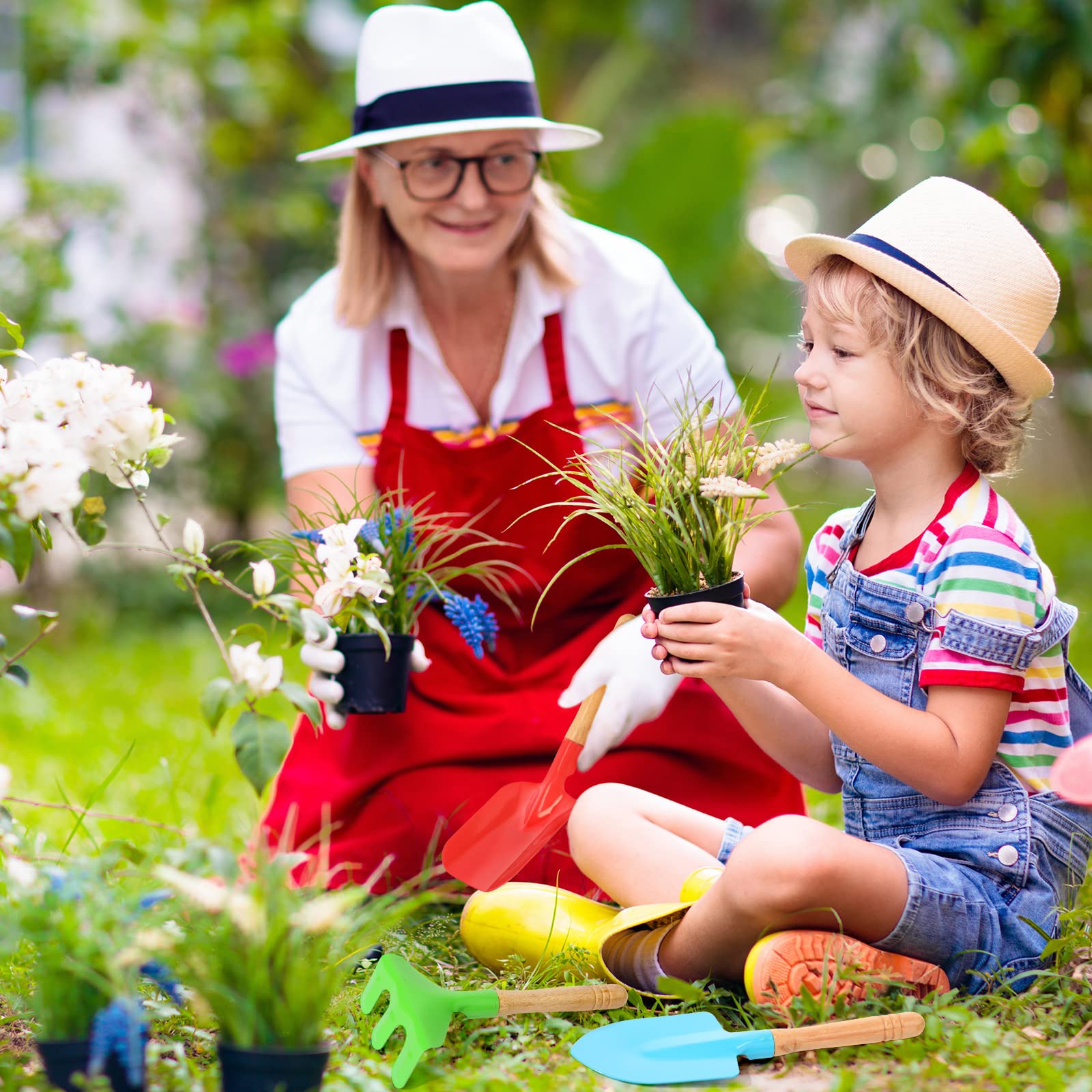 40 herramientas de jardinería para niños, 10 rastrillos de jardín, 10 palas de jardín, 10 paletas de jardín, 10 bolsas verdes, herramientas de jardín de metal con mango de madera, caja de 7