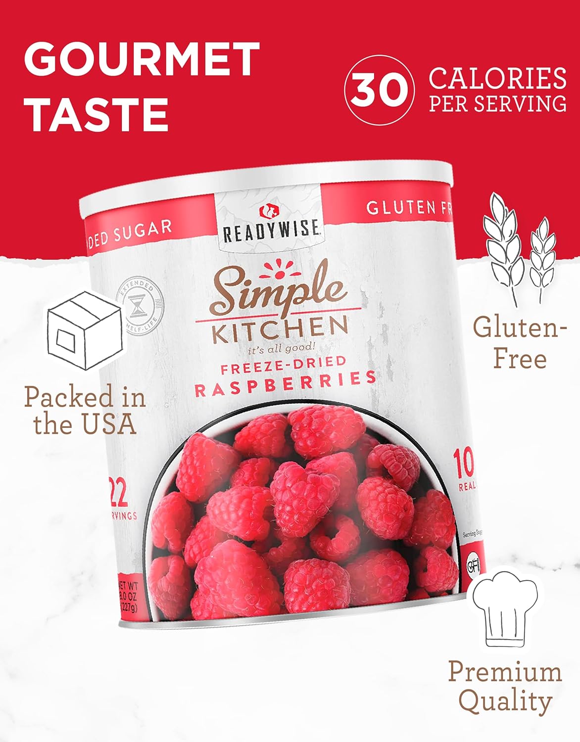 READYWISE - Simple Kitchen Freeze Dried Raspberries, 22 Servings, Vegan,