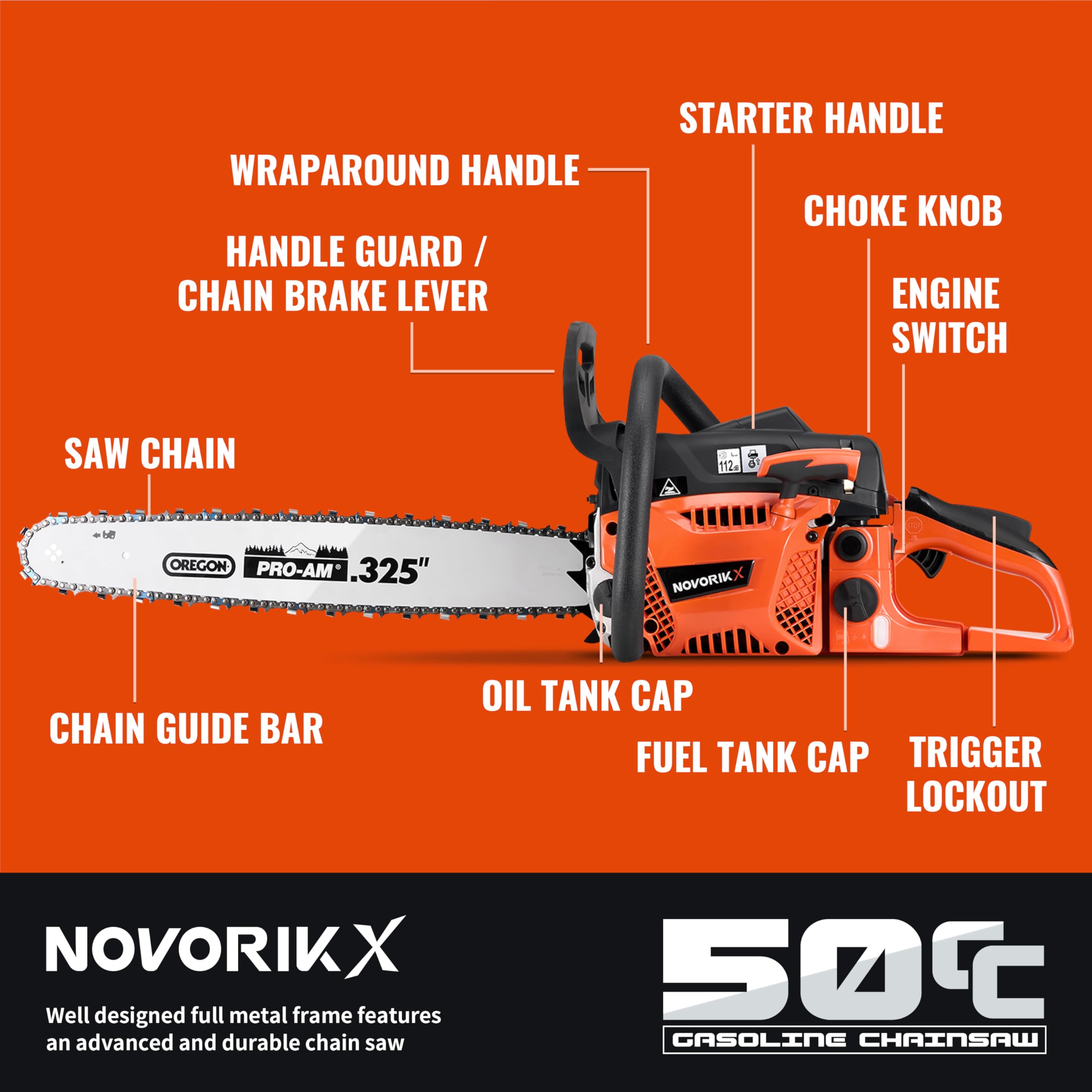 NovorikX Benzin-Kettensäge 50CC (50cm³ Hubraum) 20" (50.8cm) Schnittlänge, 2,1kW Motorleistung, 12000rpm, GS-geprüft, 600ml Tank | für Brennholz, Baumschnitt & Gartenpflege inkl. Oregon Schwert-Set