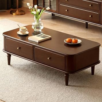 YESWOOD Solid Wood Coffee Table with Storage, 2 Drawer Centre Table with Classic Column Legs, Retro Coffee Table with Vintage Detailings for Living Room, Home Office(Poplar Wood, Walnut Finish)