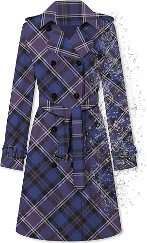 Women's Double Breasted Water-repellent Lapel Belted Trench Coat,BluPur,S