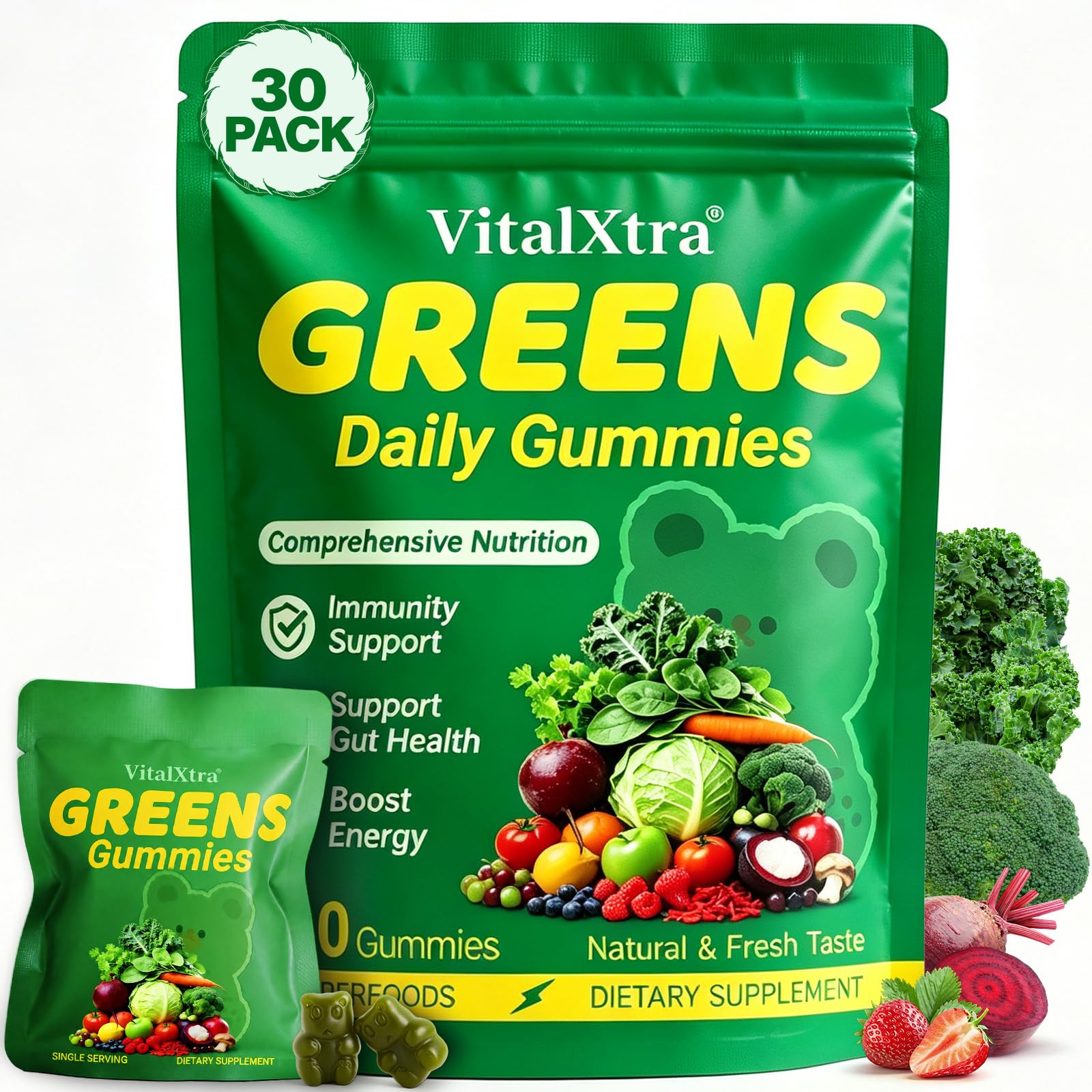 Adult Greens Gummies, Greens Daily Gummies, Gluten Free, Low Sugar, 240 Ct 240 Count (Pack of 1)