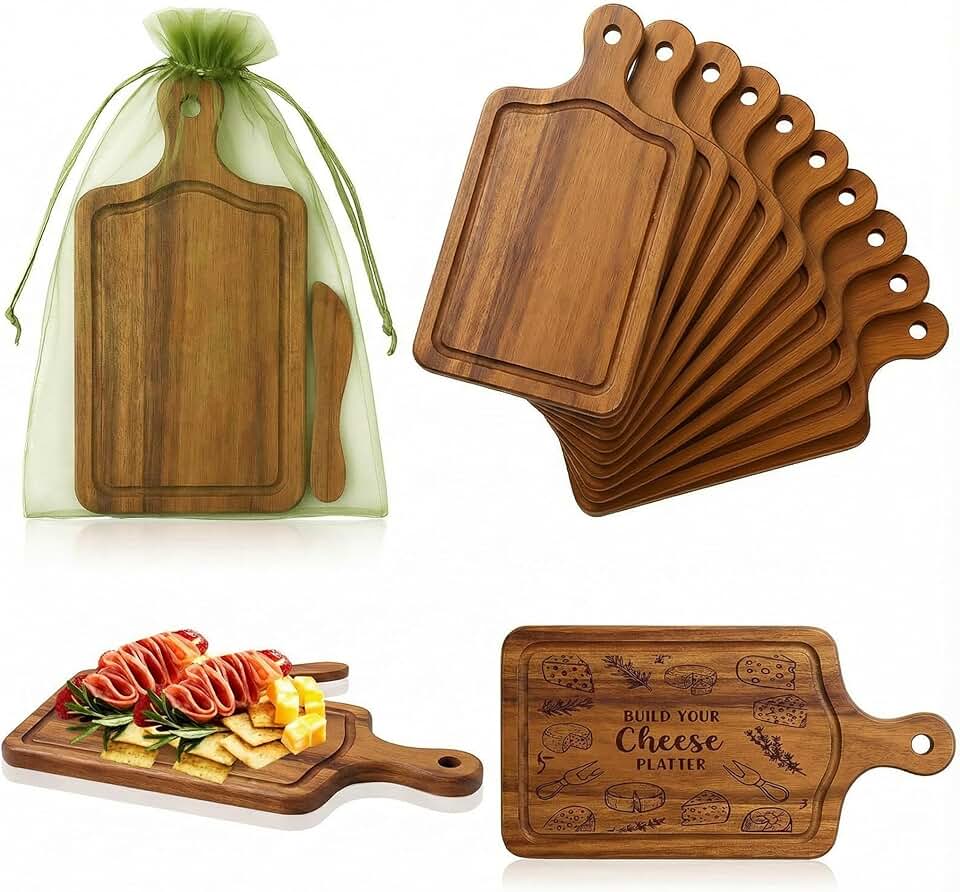 Nuenen 10 Pcs Mini Wooden Charcuterie Board Bulk, Small Wood Cutting Board for Crafts Laser Engraving with Knives Organza Bags Wedding Baby Shower Favors Gift (Square,Acacia Color)