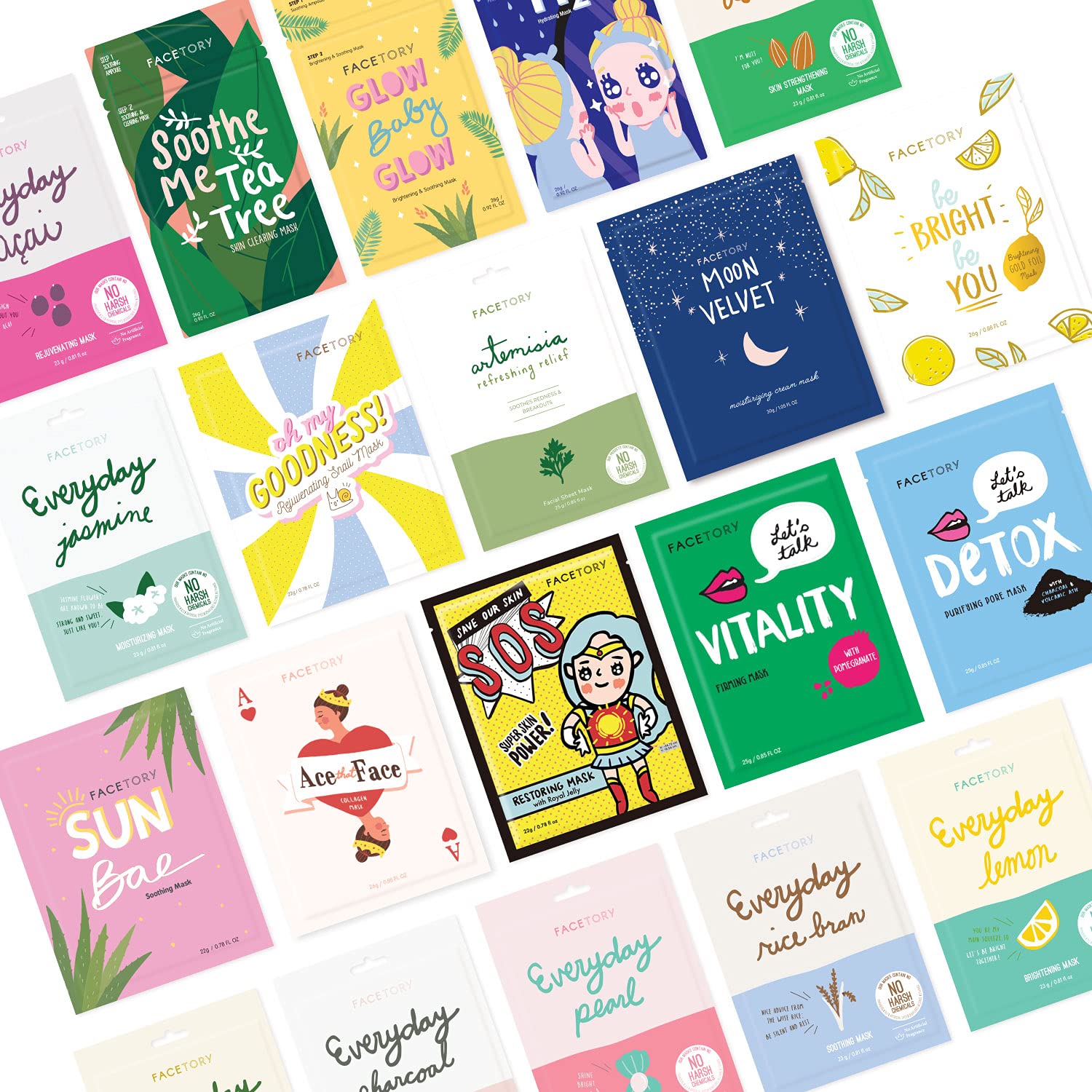 FACETORY 20 Facial Sheet Mask Collection - Korean Skin Care Sheet Mask Pack of 20 - Hydrating, Moisturizing, Soothing, and Radiance Boosting - For All Skin Types, Variety Pack of 20 Sheet Masks