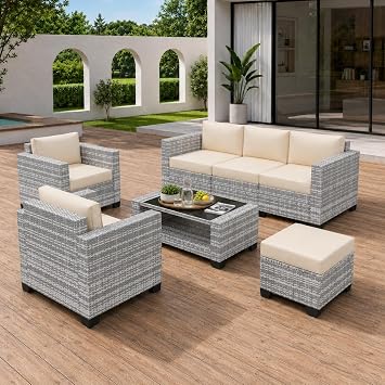 KIGOTY Patio Furniture Set 7 PCS Patio Conversation Sets, All-Weather PE Rattan Outdoor Sectional Sofa with Cushion and 2- Tier Glass Coffee TableGrey White/Grey