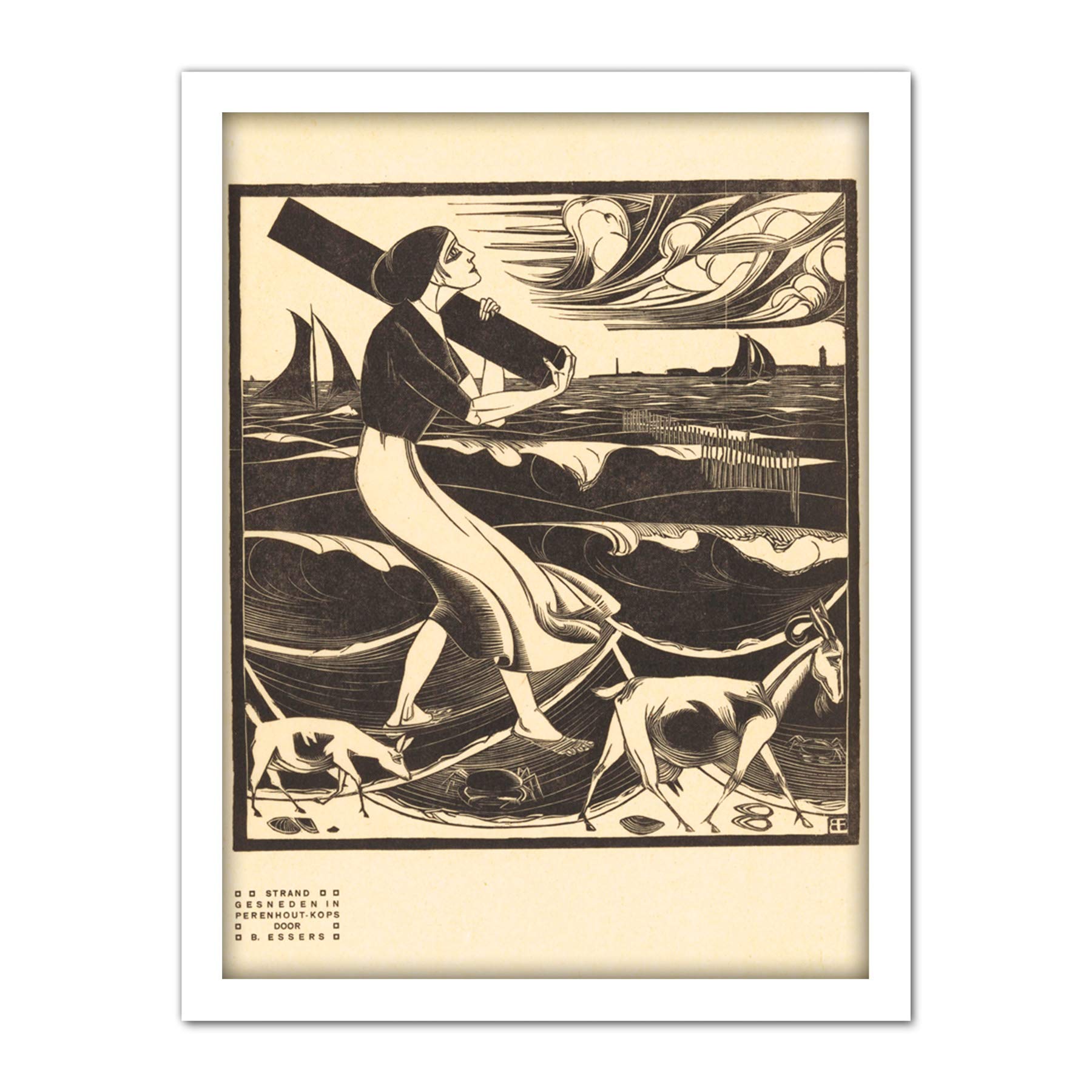 Artery8 Bernard Essers Beach Woman Goats Bw Seascape Artwork Framed Wall Art Print 18X24 Inch