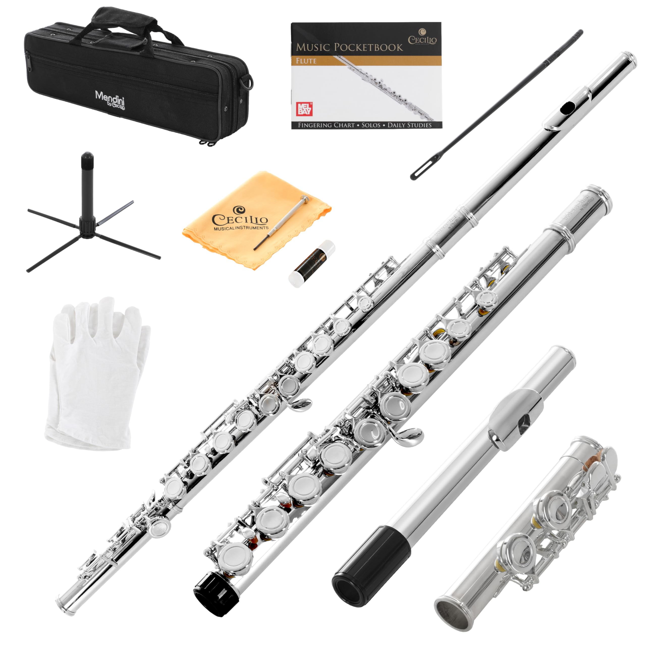Mendini Closed Hole C Flute with Stand, 1 Year Warranty, Case, Cleaning Rod, Cloth, Joint Grease, and Gloves (Nickel Plated)