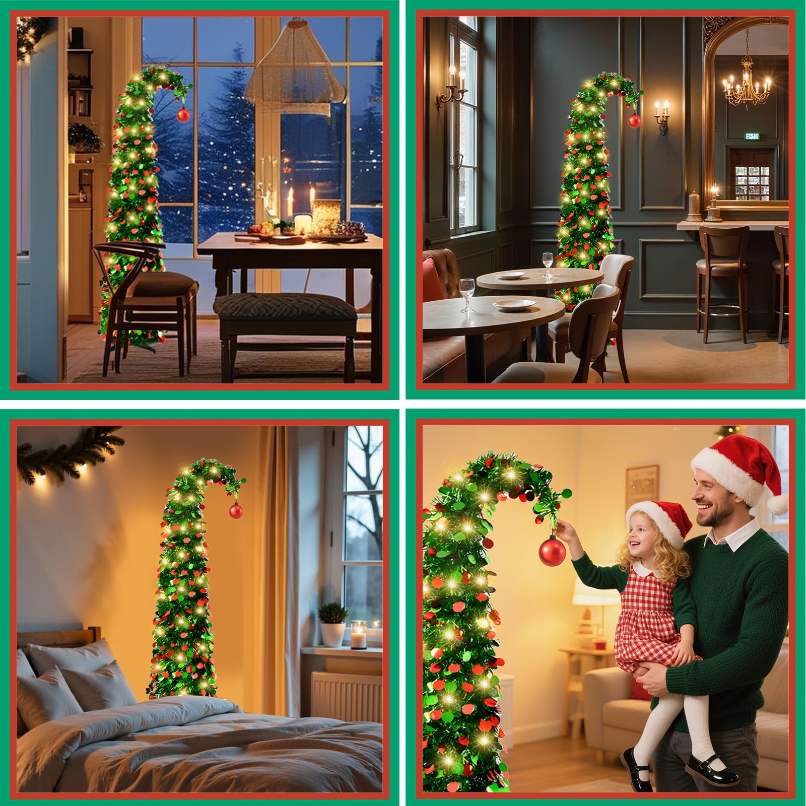 Sapin de Noël pop-up de 150 cm avec 50 lumières LED, guirlande de Noël fantaisiste pliable avec boule rouge pour Noël, maison, appartement, fête, bureau, décoration (vert)
