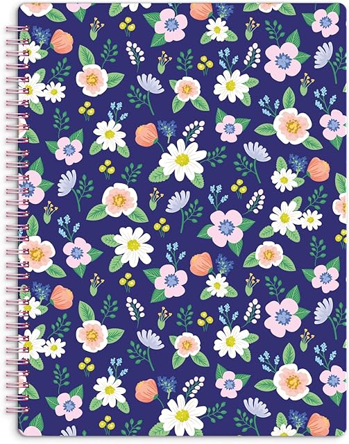SWEETZER & ORANGE S&O Cute Spiral Notebooks - 9x11 - College Ruled Spiral Notebook with Pockets - Hardcover Notebook for Women - 160 Pages - Cute Notebooks for School & Journal - Navy Floral Notebook