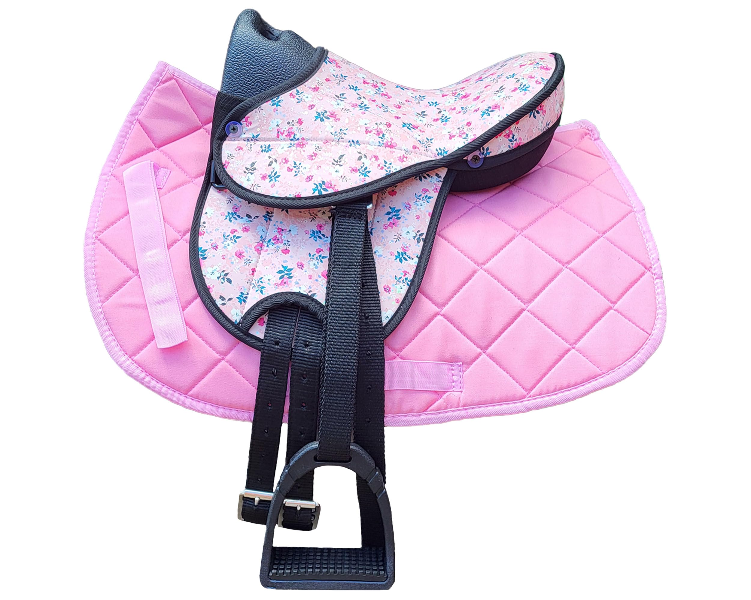 Brama West Holzpferd Sattel Set „My Happy Pony“ | Sattel für Shetty Pony Holzpferd | mit Satteldecke, Sattelgurt, Steigbügel & Steigbügelriemen | Sattel Flower/Decke Pink