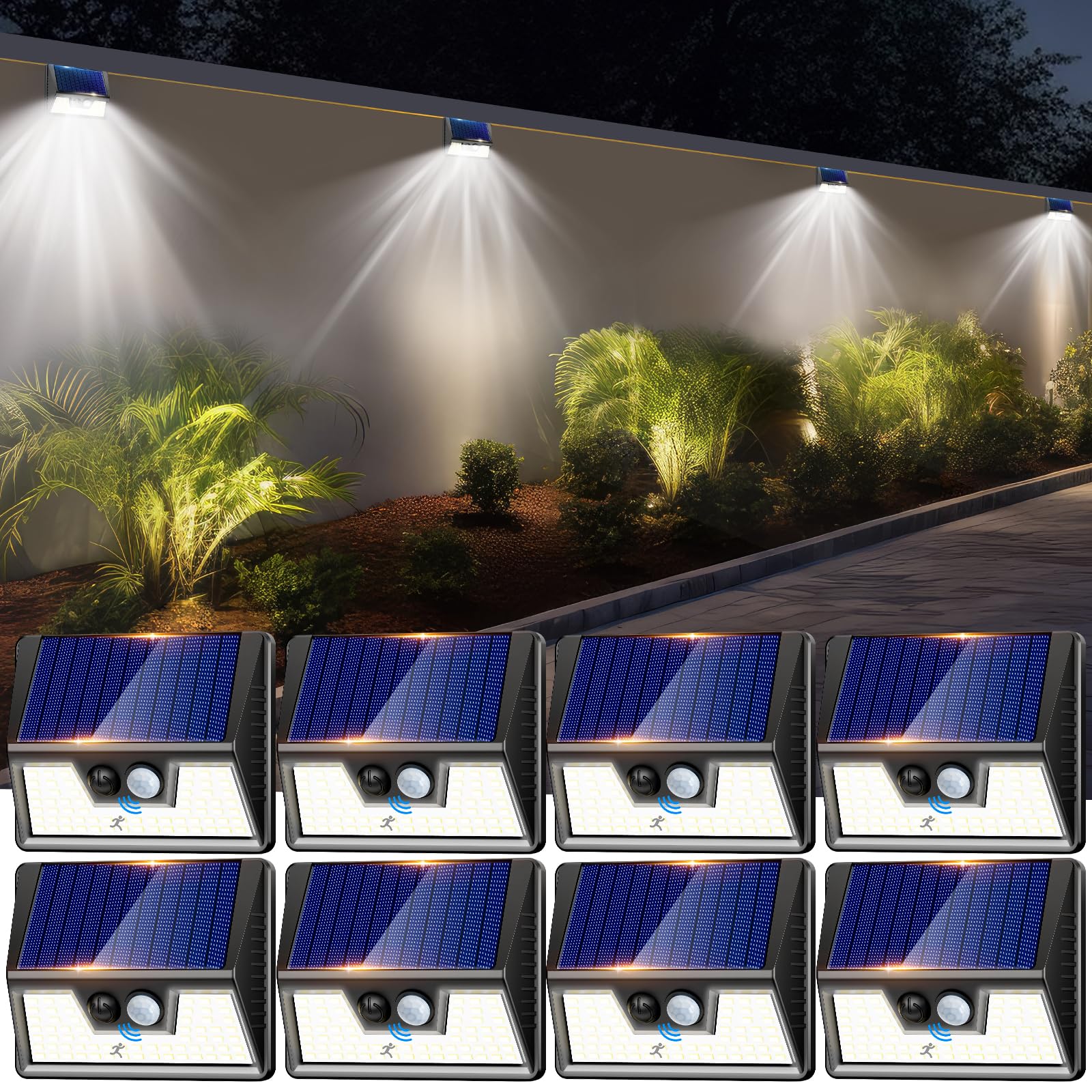nipify Lampe Solaire Extérieur Détecteur de Mouvement, Lot de 8 Lumiere Solaire Exterieur Avec IP65 Étanche, 3 Modos Eclairage Exterieur Solaire, Lampe Solaire pour Jardin, Garage