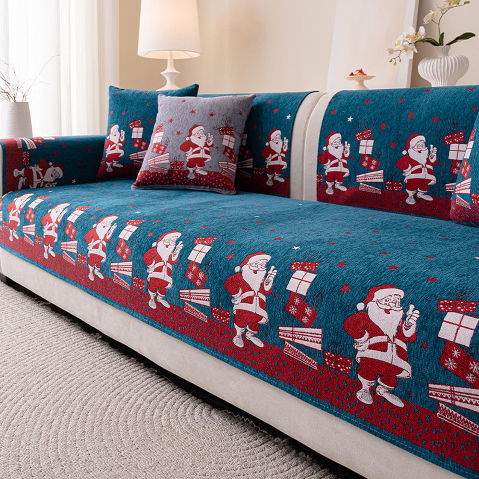 Housse de canapé de Noël en chenille bleu haut de gamme 90x240cm