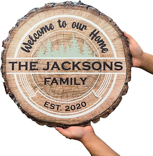Custom Wood Name and Welcome Sign, Personalized Gifts, Realistic Tree Slice Appearance Printed on MDF,