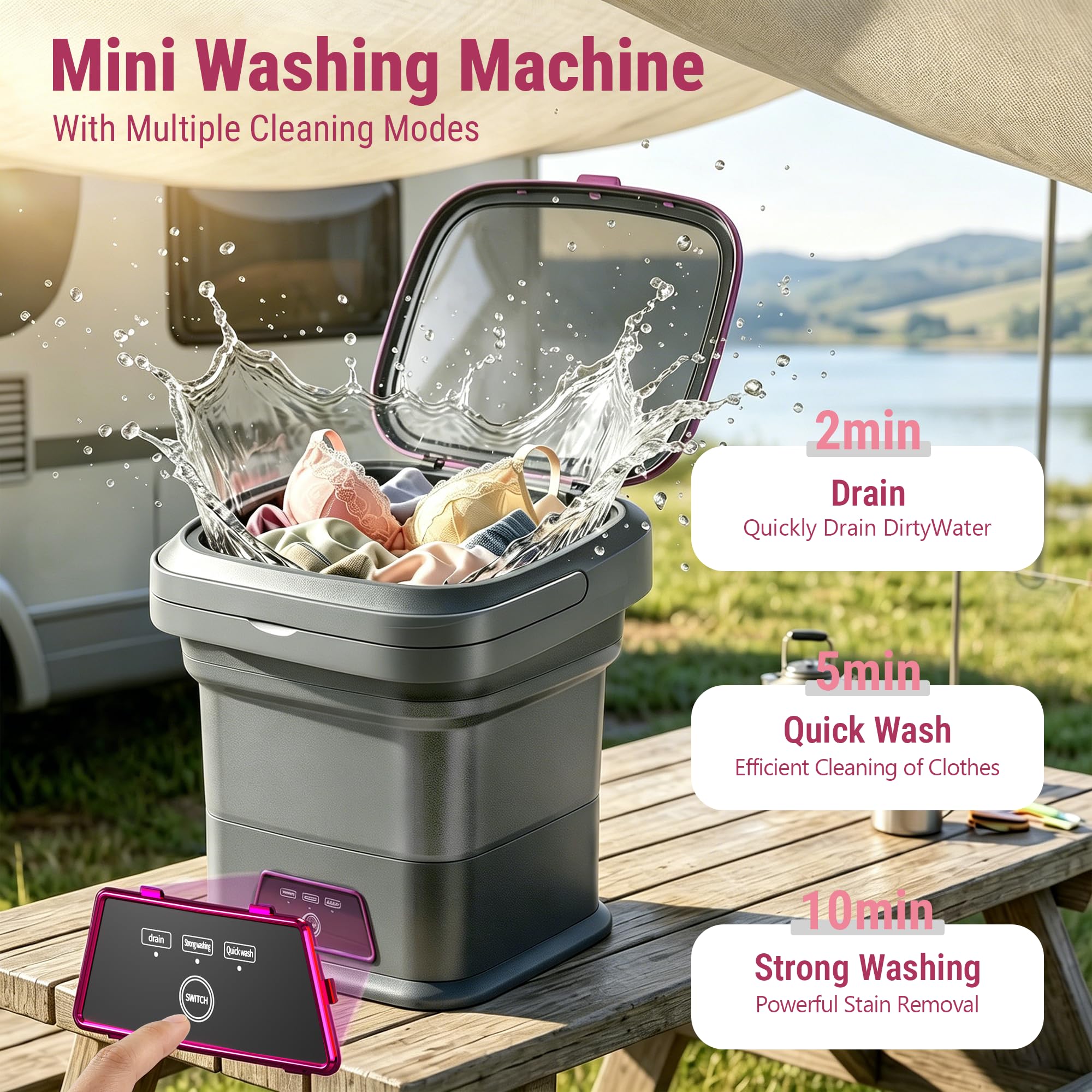 16L Portable Washing Machine, Foldable Mini Washing Machine with Spin Basket & 3 Cleaning Modes, Small Laundry Machine for Underwear, Baby Clothes, Socks, Compact Design for Travel Apartment RV — view 3