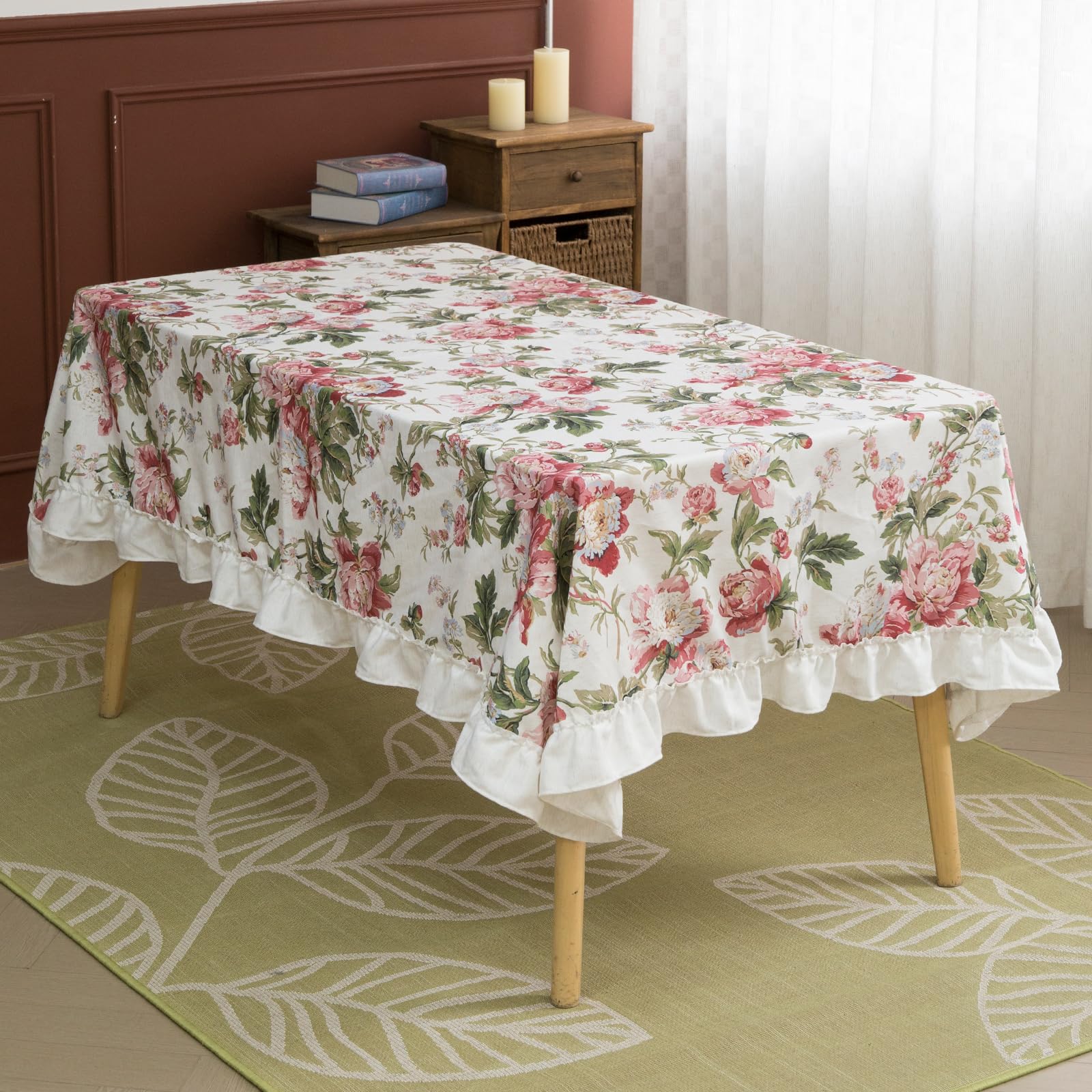Glory Season Red Floral Wrinkle-Resistant Hand-Drawing Floral Style Ruffle Trim Tablecloth For Rectangle Oval Round Tables Rustic Table Cloth For Dining Kitchen Farmhouse Decor 60X84 Inch