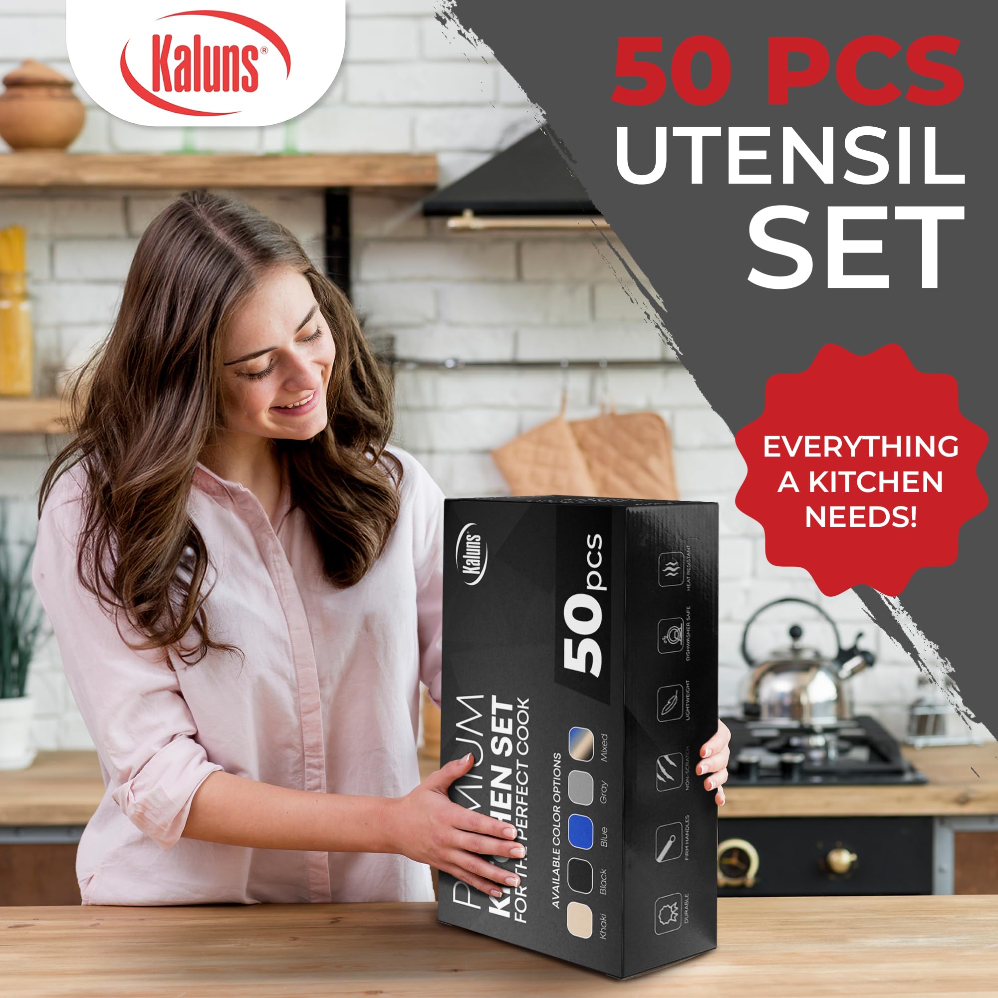 Kaluns Juego completo de 50 utensilios de cocina de silicona, resistentes al calor, antiadherentes, con asas de madera, abrelatas, machacador, volteador, espátula de silicona
