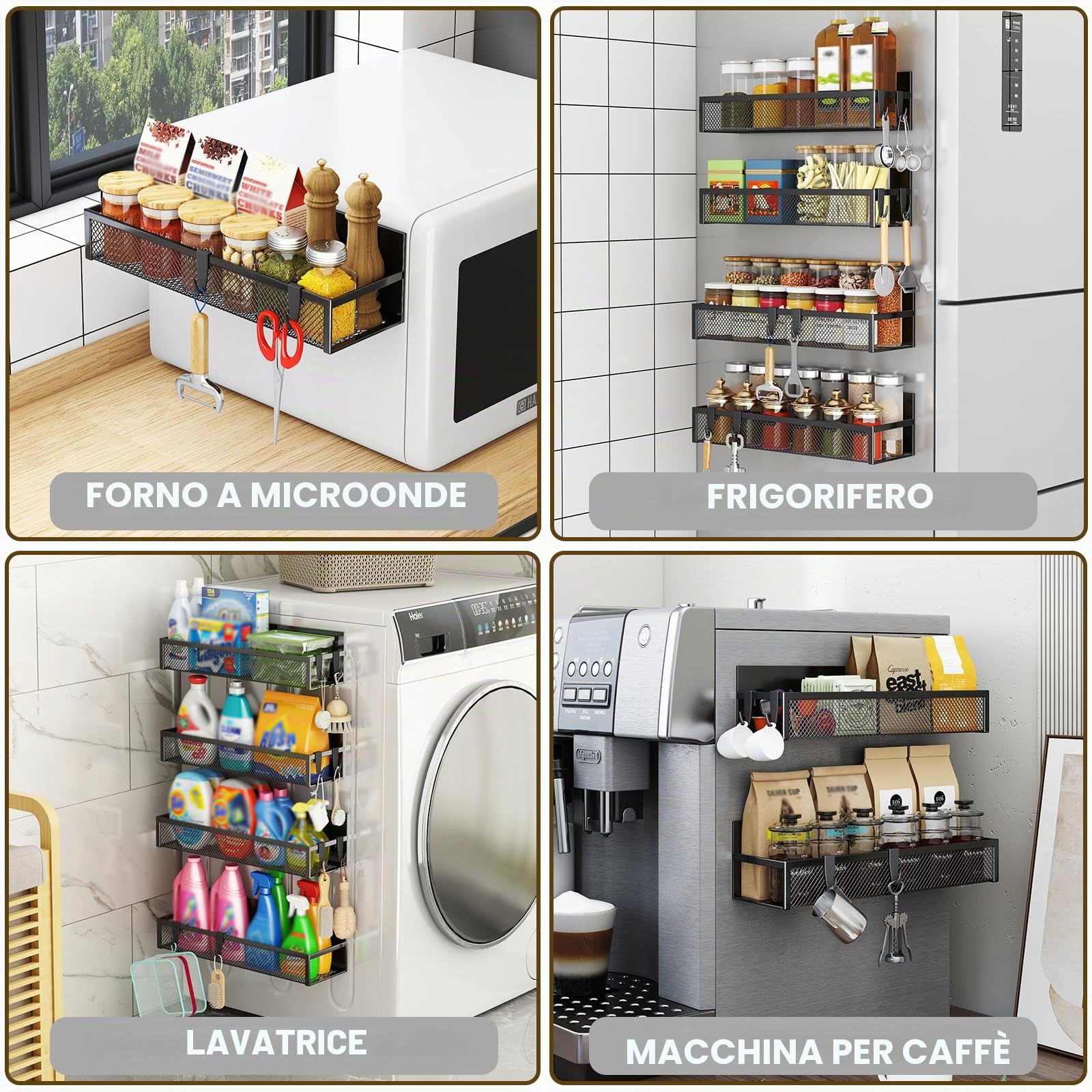 Aufworld Portaspezie Magnetico per Frigorifero, Pack 6 Scaffale con 12 Ganci Mobili per Organizzazione della Cucina