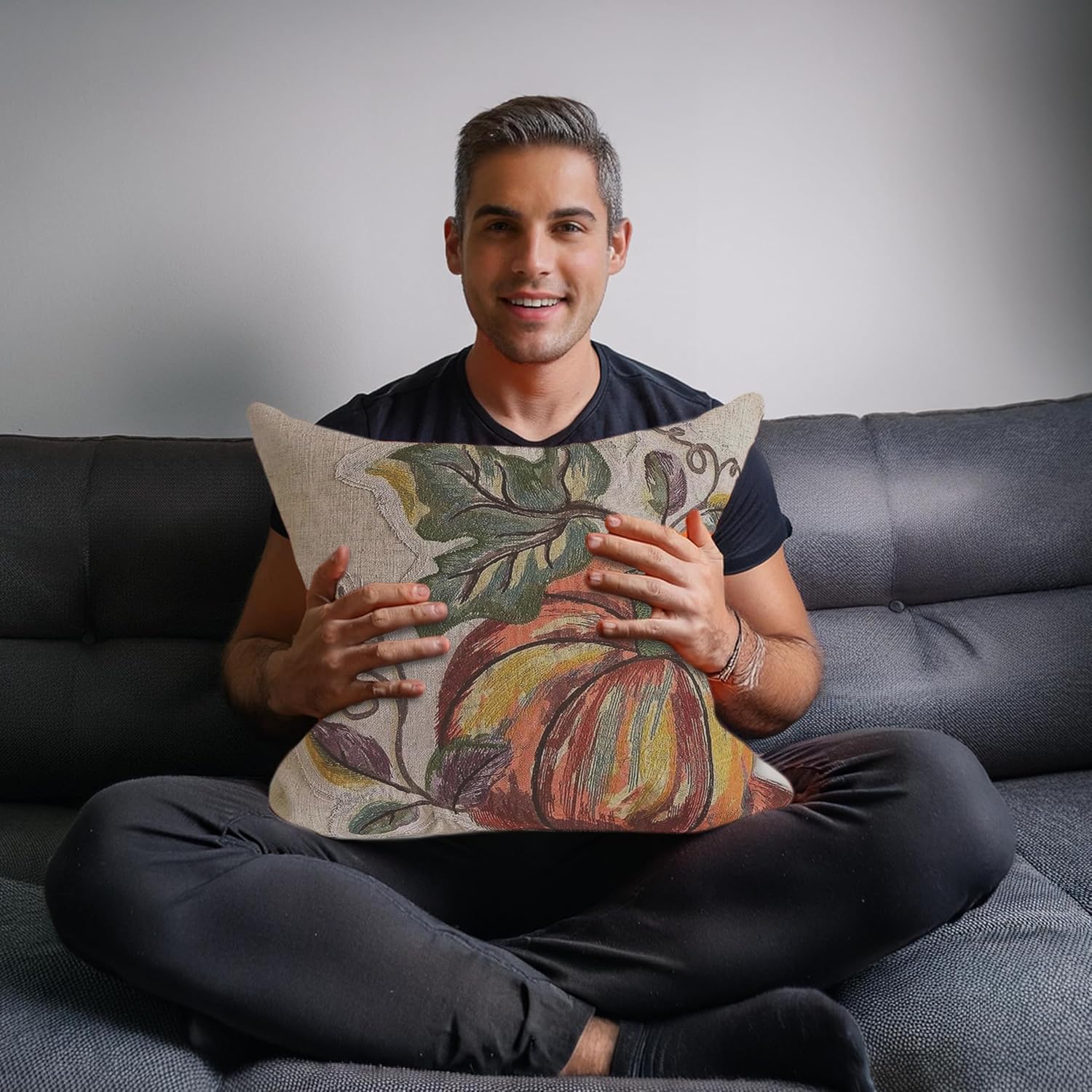 MON AMI Watercolour Pumpkin Decorative Throw Pillow – 18x18”, Halloween Decorations, Farmhouse Cushion for Sofa/Couch