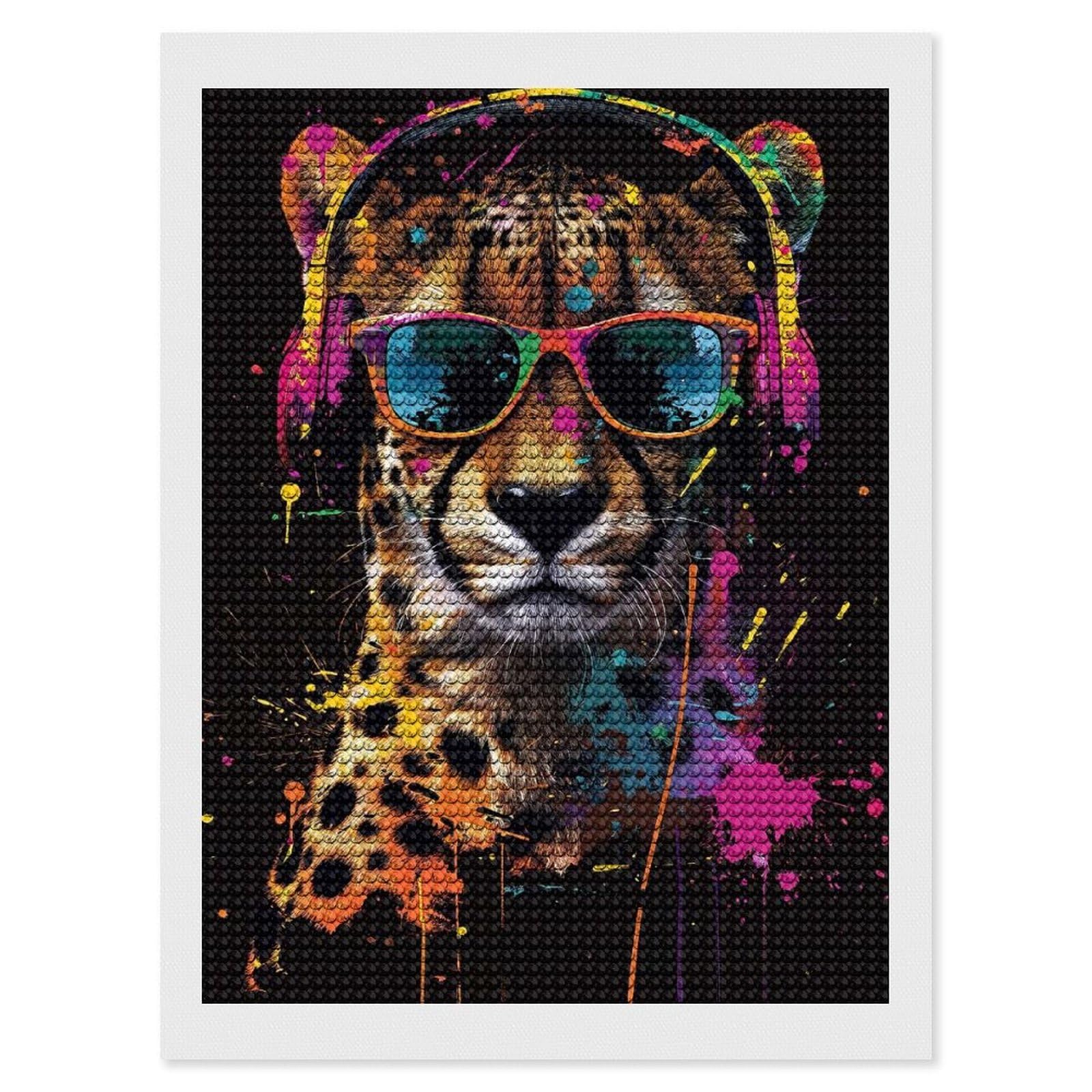 Junmoney Cheetah Colorful Diamond Art Kit 12"x16", Neat Printed Canvas, Finish and Display, Relaxing DIY Hobby, Living Room Decor