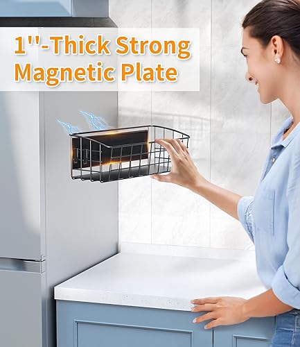 Miniatura 4 de Estante magnético para refrigerador, paquete de 2, estante magnético fuerte para especias con ganchos extraíbles para almacenamiento de cocina,