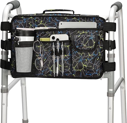 supregear - Bolsa plegable para accesorios para caminantes (doble cara), cesta de andador, gran capacidad, impermeable, con 9 bolsillos y portavasos