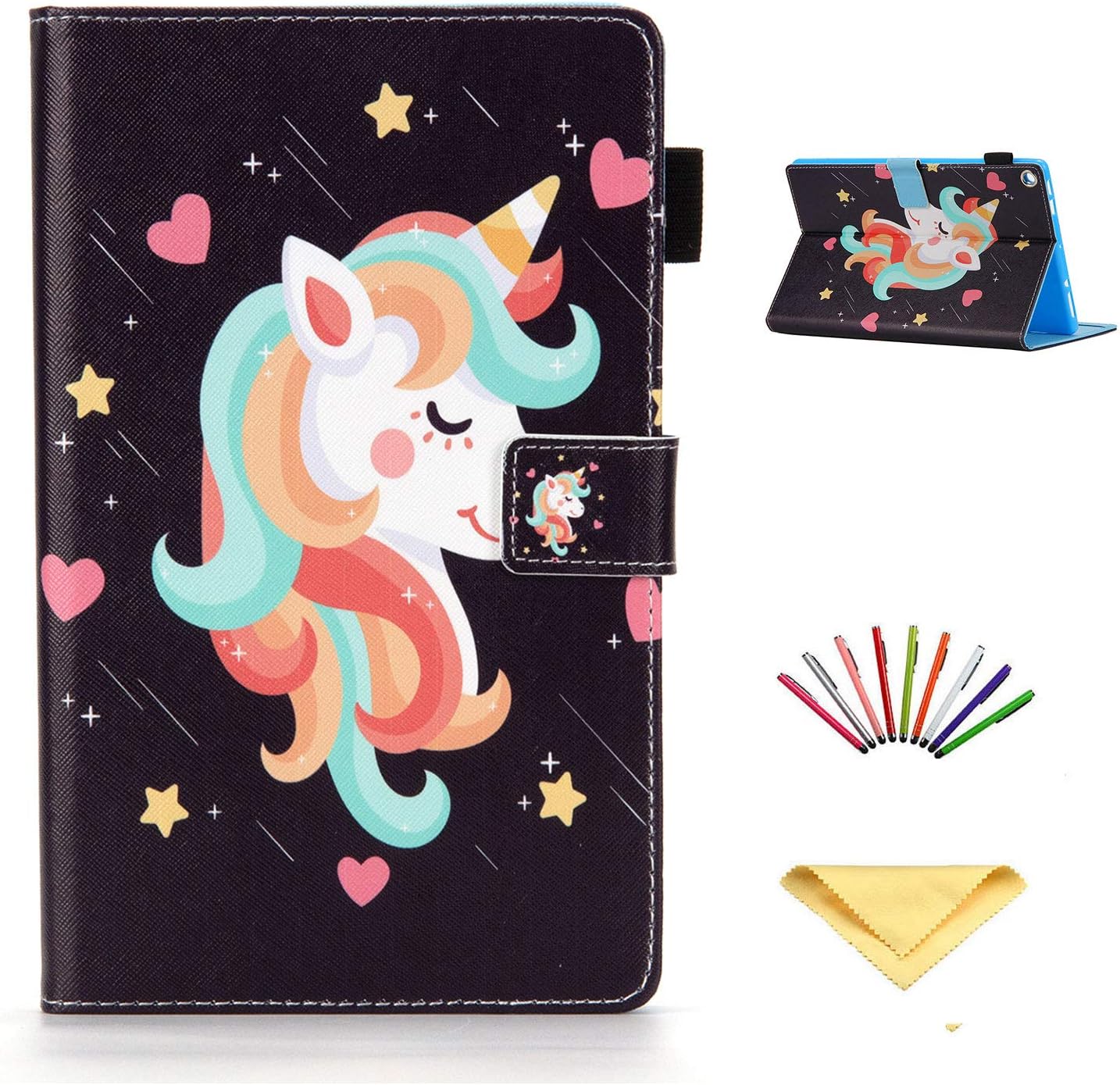 Dteck Case for (Previous) Fire HD 8 Tablet (8th/7th/6th Generation, 2018 2017 2016) - Auto Sleep Wake Case Protective PU Leather Case Flip Wallet Stand Cute Kids Kindle Fire 8" Cover (Smile Unicorn)