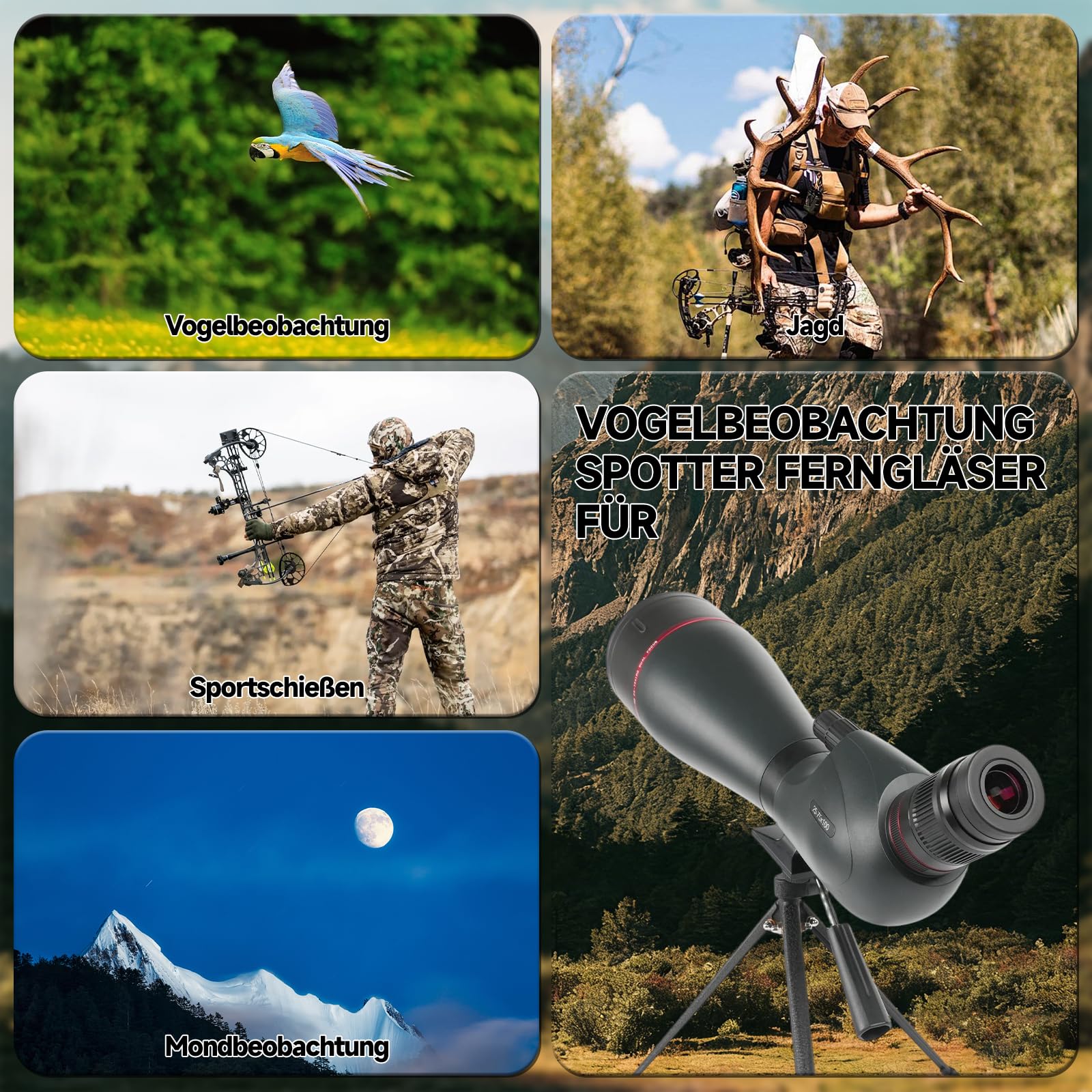Spektiv 25-75x100 BAK4 IPX7 Wasserdichtes Fernrohr 27mm Okular Doppel-Fokus Jagd Vogelbeobachtung