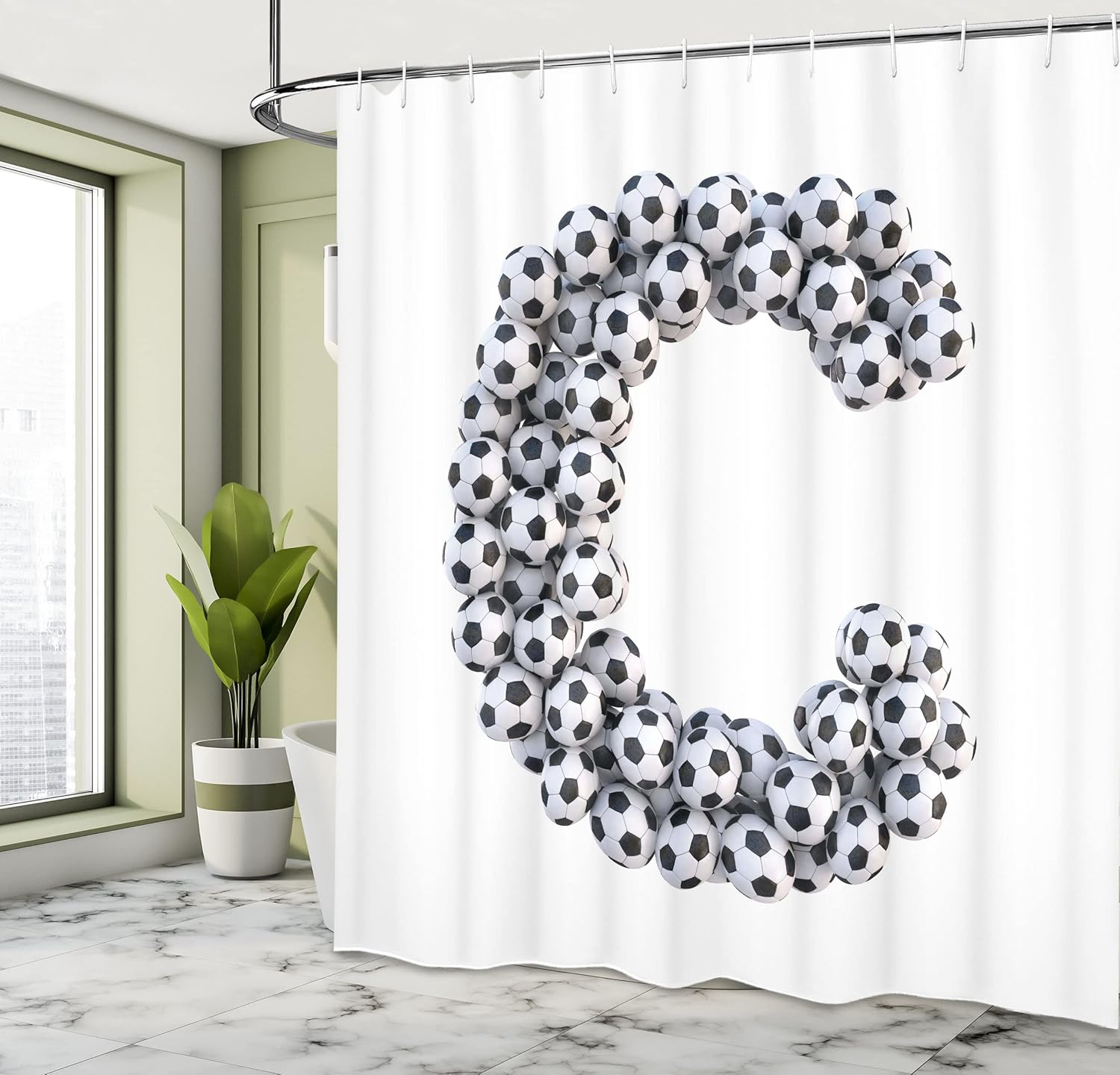 Ambesonne Letter C Shower Curtain, Alphabet Sign Design Third Letter Football Soccer Themed Graphic Pattern, Cloth Fabric Bathroom Decor Set with Hooks, 69" W x 75" L, White Black