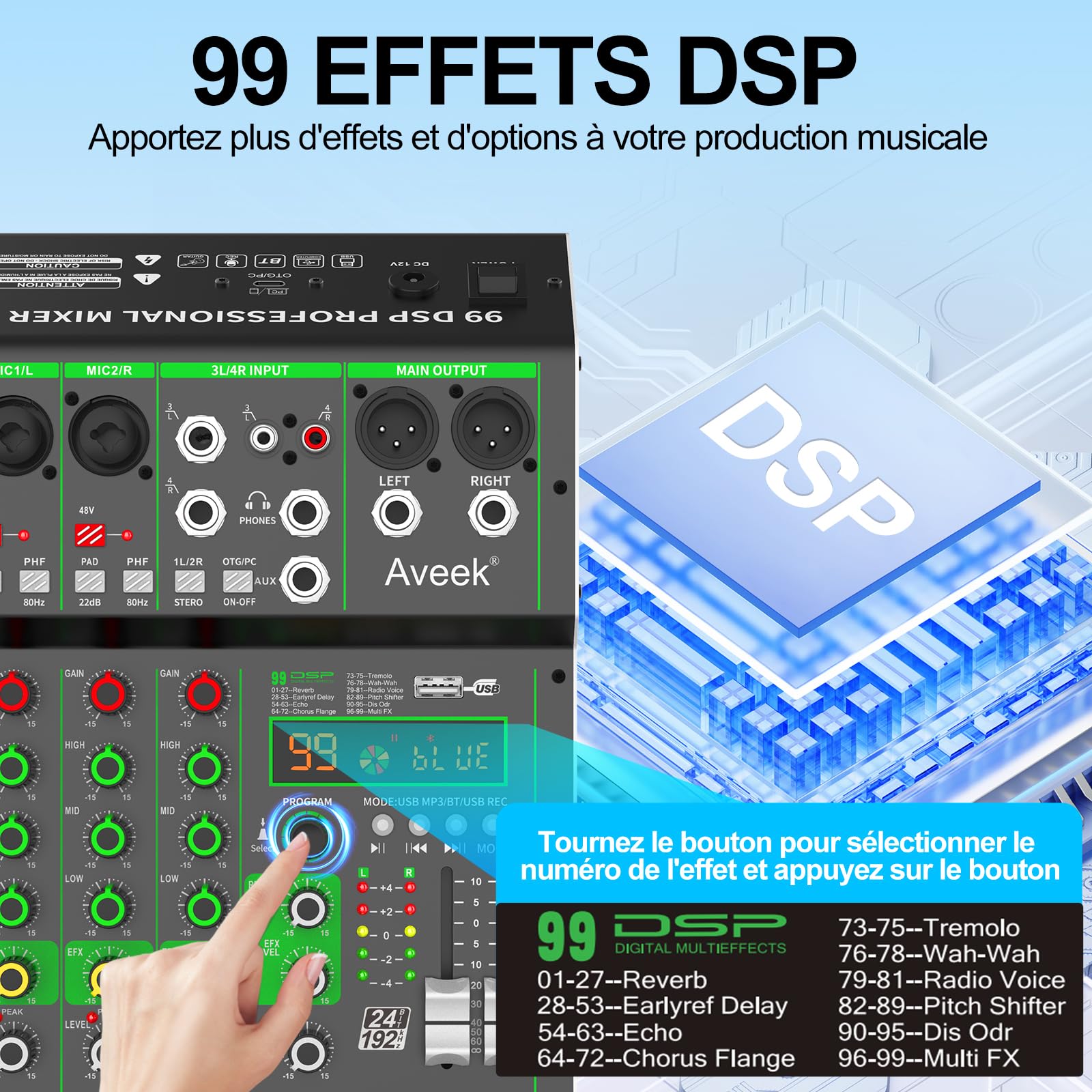 Aveek Audio Mixer,Table de Mixage Professionnelle avec USB/Bluetooth,4 Canaux D'entrée Stéréo DJ Mixer,48V Phantom Power 99 DSP Effect pour Pc Recording Studio Streaming