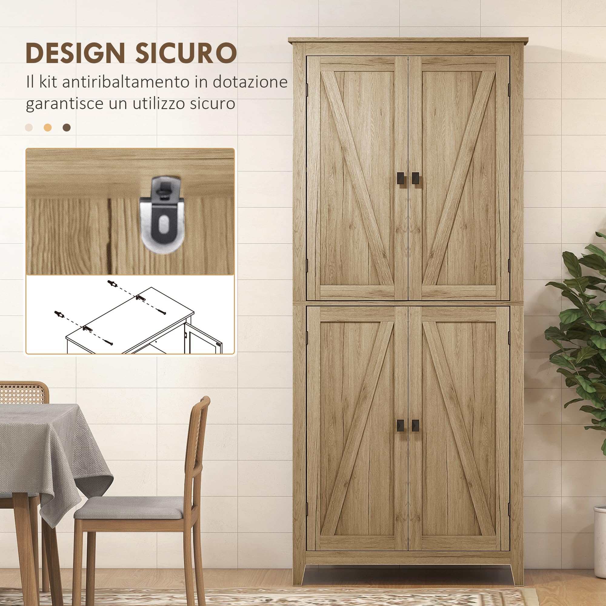 HOMCOM Credenza Moderna a 4 Ante con Mensole Regolabili e Base Rialzata, Mobile Cucina in Legno, 80x40x182 cm, Color Legno