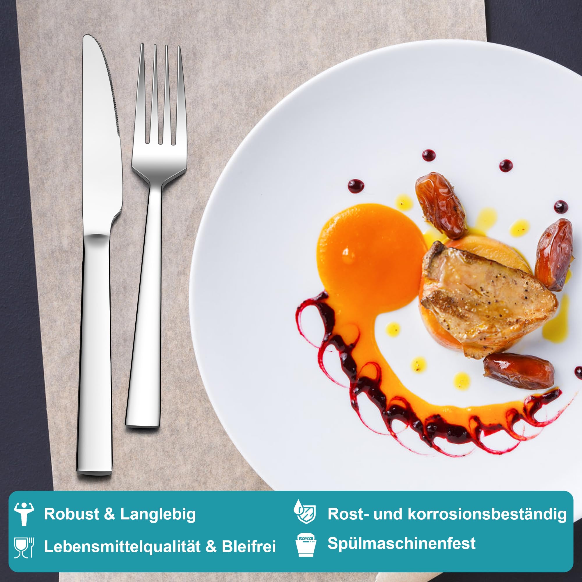 HaWare Set di 24 posate da bistecca in acciaio inox, per 12 persone (bordo quadrato)
