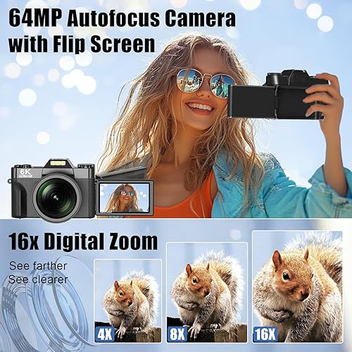 Miniatura 2 de Cámara digital 6K para fotografía, cámara de vlogging de 64MP para YouTube con pantalla abatible de 180 de 3 pulgadas, zoom automático de 16X,