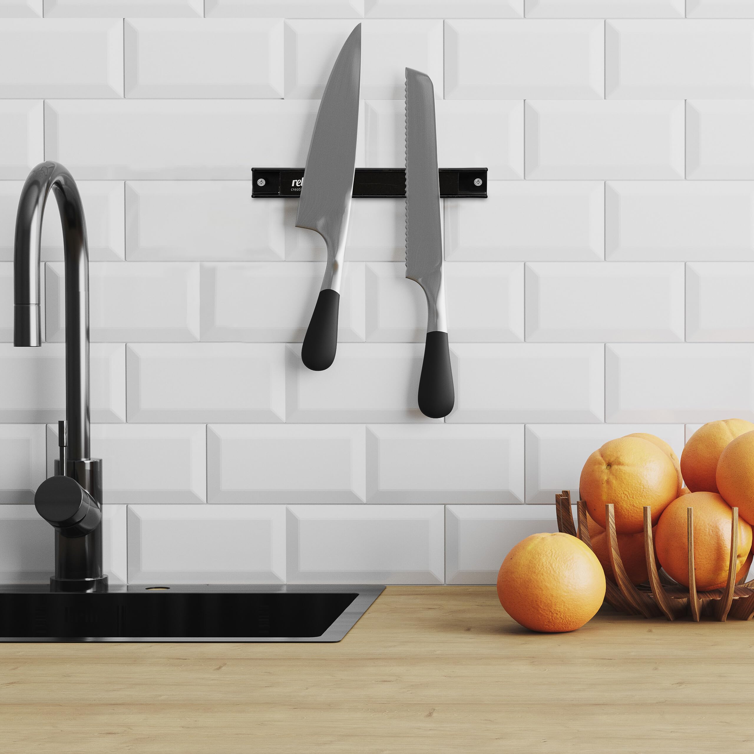 Relaxdays Set da 3 Barra Magnetica, Striscia Lunga 20 cm, Appendi Utensili e Coltelli Acciaio Inox, Guida a Parete, Nero