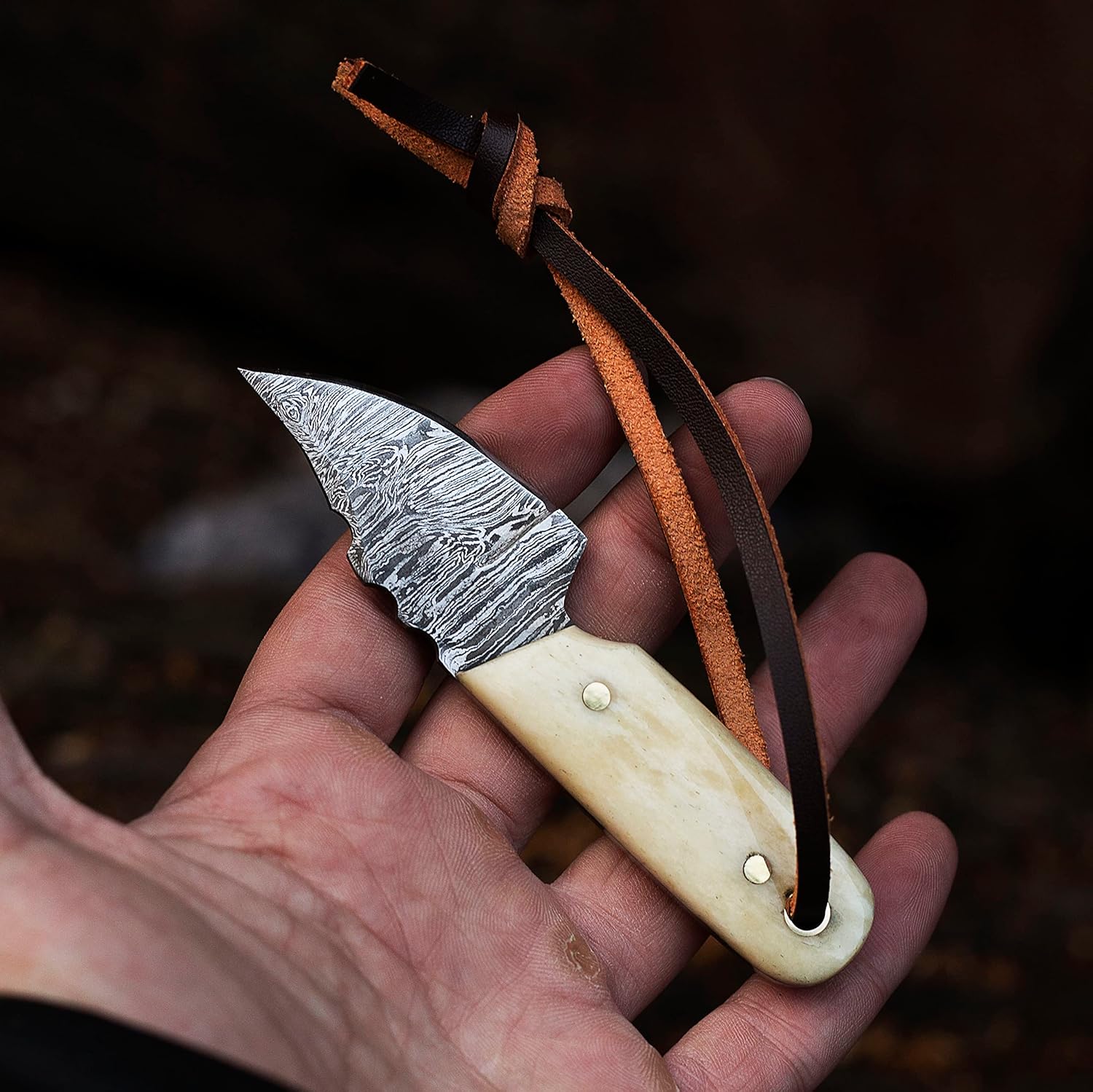 Damascus Steel EDC Knife 4.5" Fixed Blade Mini Knife for Skinning,Survival,Camping and Outdoor Enthusiasts with Natural Handle and Leather Sheath Brand (BONE HANDLE) - Image 4