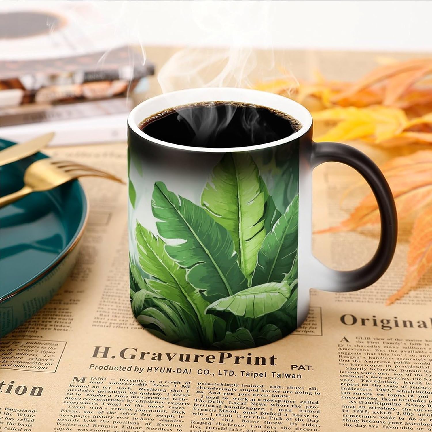 Color Changing Mug Cute Banana Leaves Printed Ceramic Coffee Mug Heat Changing Sensitive Mug Magic Heat Changing Coffee Mug Novelty Coffee Mugs