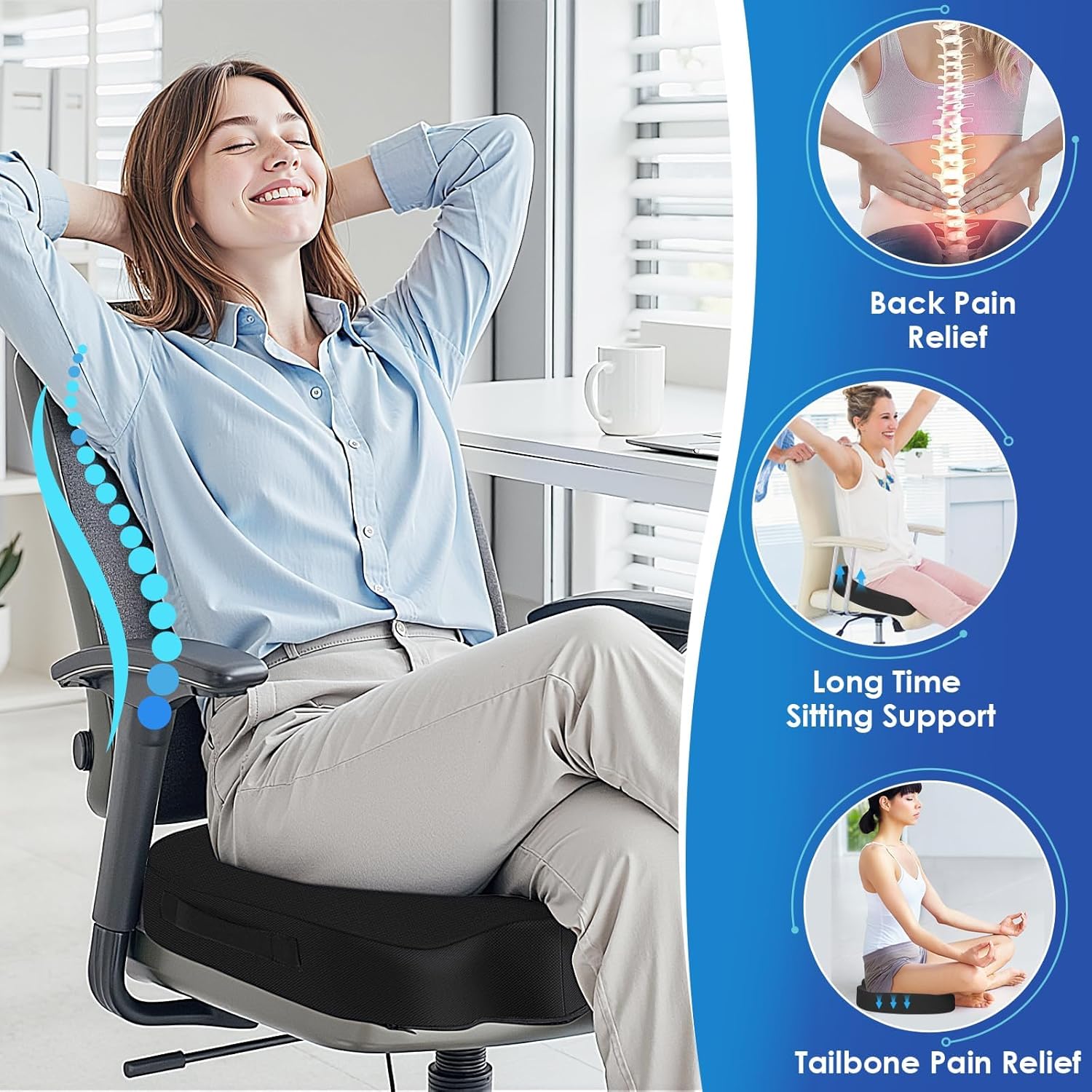 TushGuard Seat Cushion for Office Chair Memory Foam Non-Slip Cushion Back, Coccyx, Sciatica, Tailbone Pain Relief Butt Pillow for Office Chair, Car, Wheelchair, Black, XX-Large