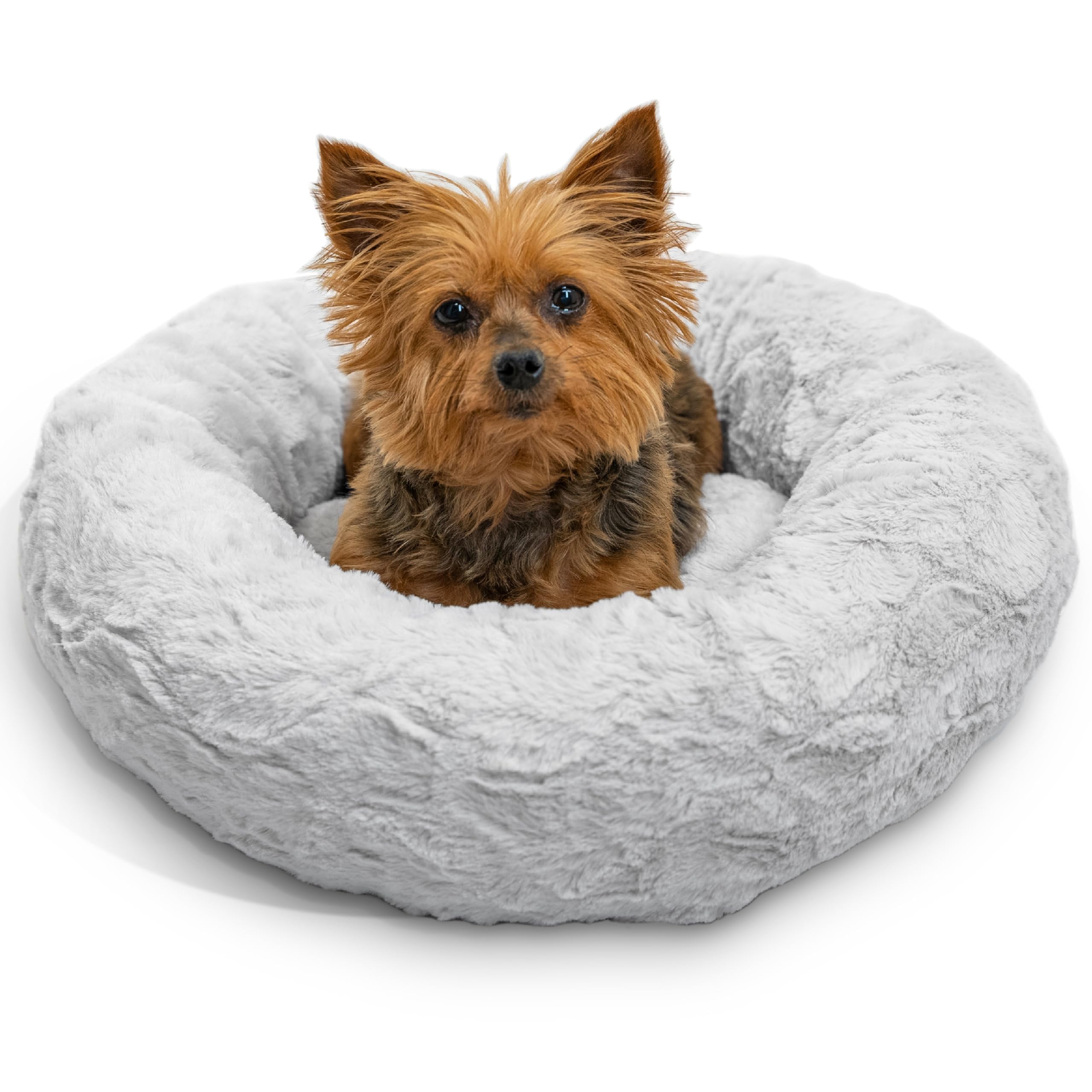 Best Friends by Sheri The Original Calming Donut Dog Bed for Extra-Small Dogs up to 10 lbs, Lux Faux Fur, Gray, 18" x 18"