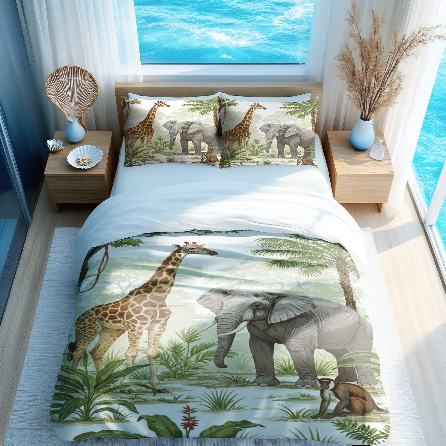 Housse de couette animaux tropicaux lit double avec 2 taies d'oreiller