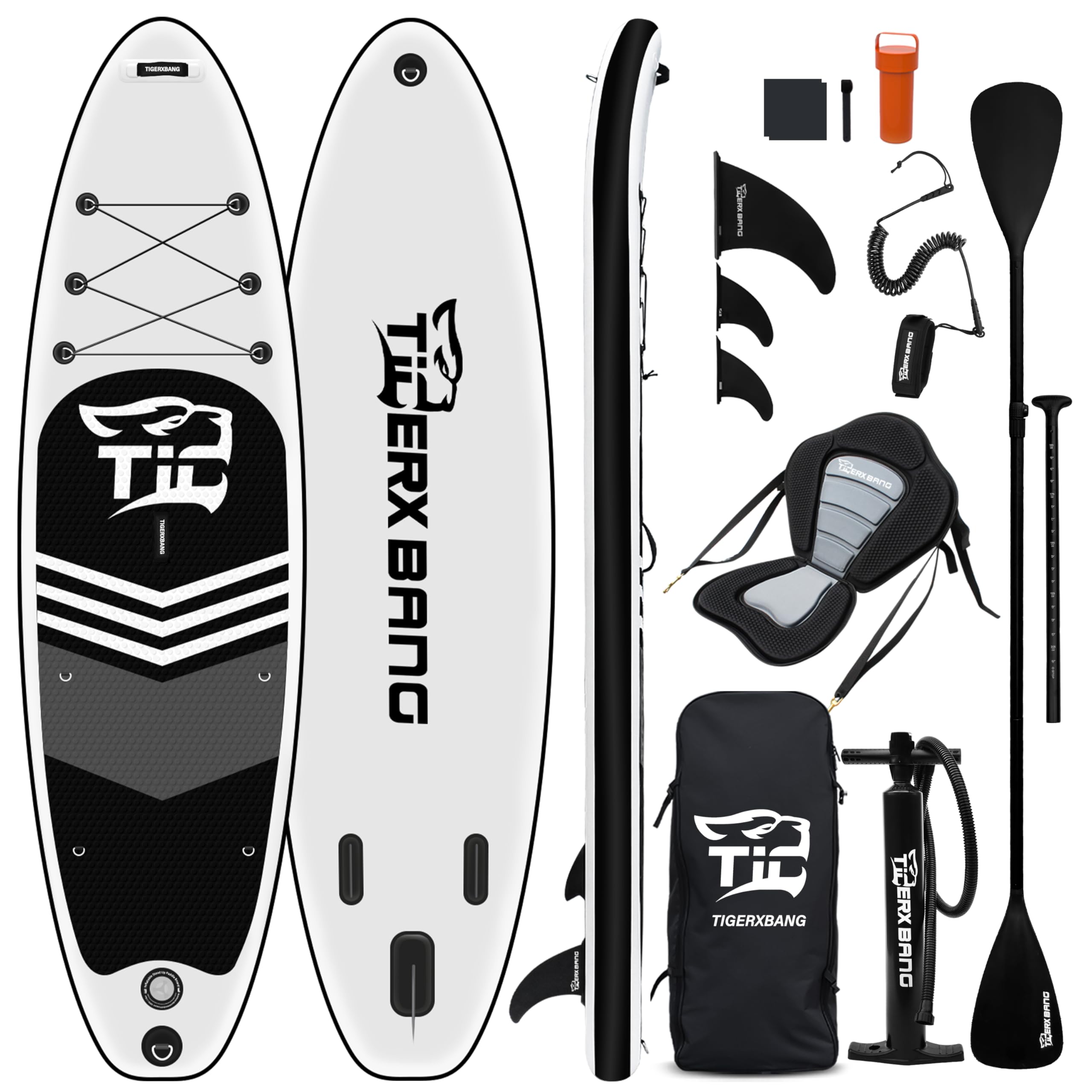 TIGERXBANG Stand Up Paddle Board aufblasbar für Erwachsene und Jugendliche, 320×82×15 cm Allround SUP mit Kajaksitz, verstellbarem Doppelpaddel, Sicherheitsleine und Rucksack