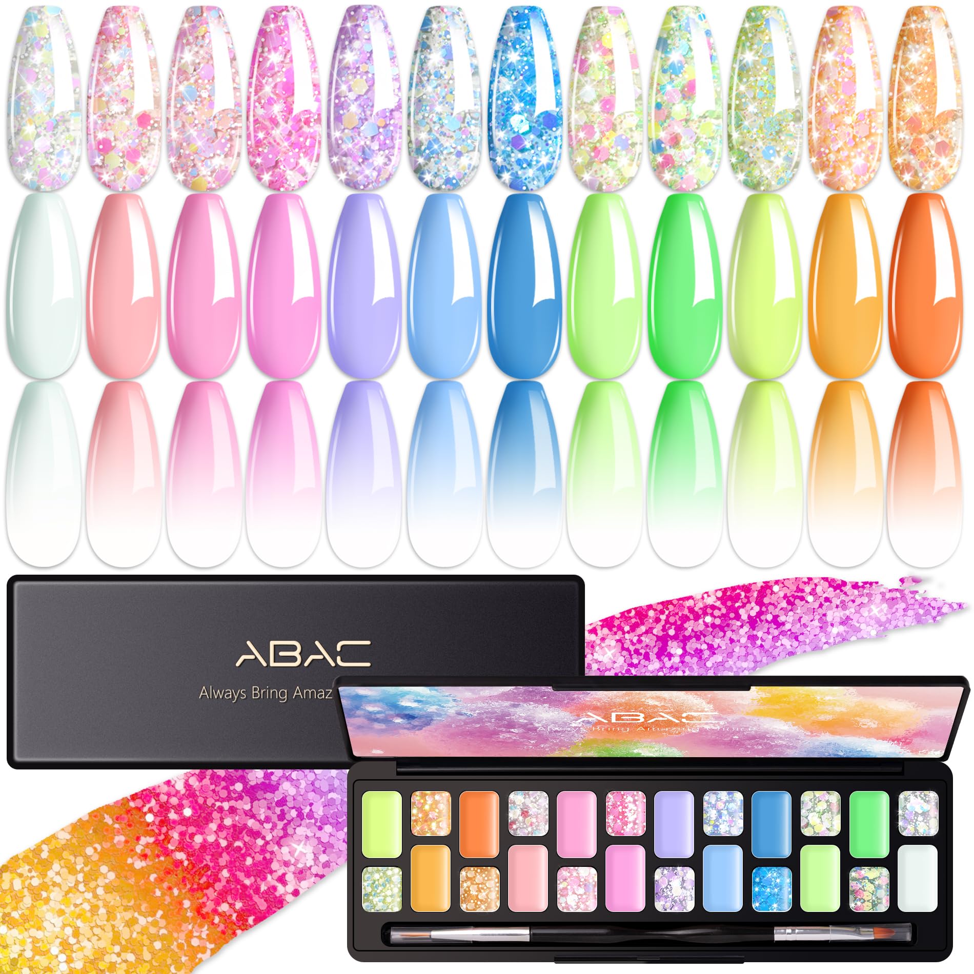 ABAC Solid Gel Nail Polish,Ombre Gel Nail Polish,Pat Paint Nail Gel,24 Colors Sparkly&Shiny Hema-free Soak Off Gel Polish Kit with Double-Ended Nail