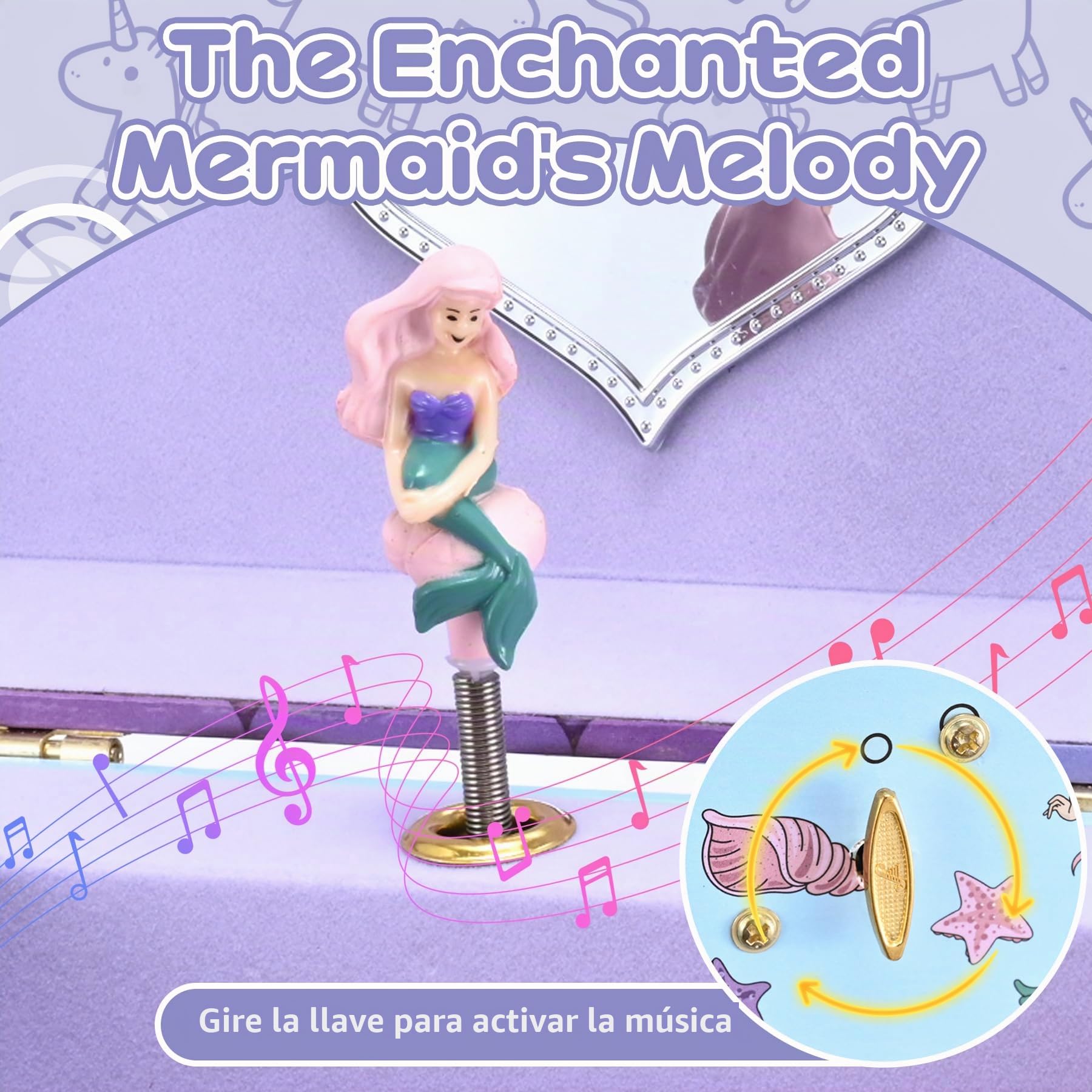 Joyero Musical Sirena para Niñas con Sirena Giratoria y Espejo - Regalo de Cumpleaños y Navidad para Niñas 3-10 años(Violeta)