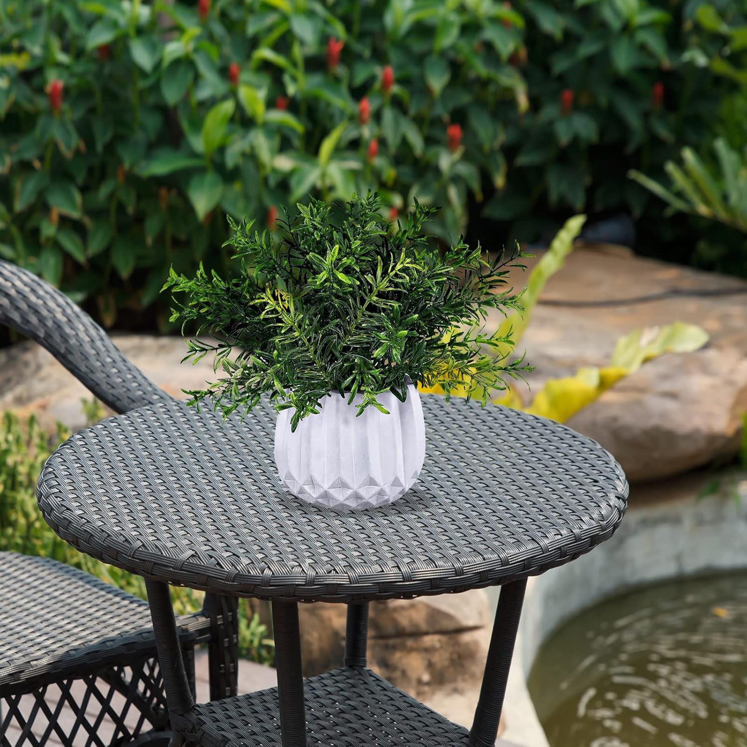 Winlyn 3 Pcs Faux Potted Plants Set - Artificial Eucalyptus, Rosemary, Boxwood Greenery in Small White Geometric Planters for Indoor Outdoor Desk Table Centerpiece Shelf Windowsill Home Office Decor