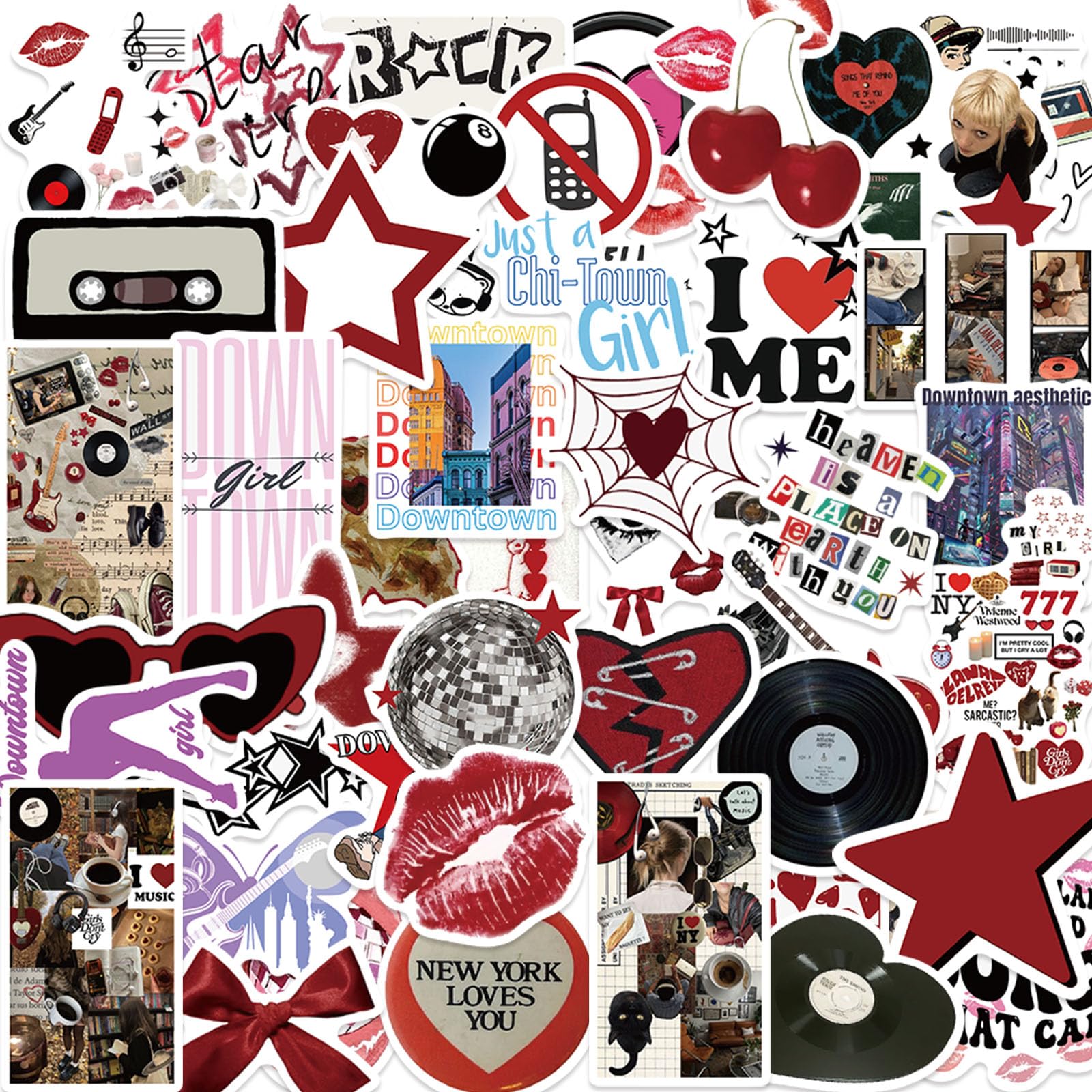50Pcs Aesthetic Downtown Girls Stickers Pack Cool Trendy Y2K Stickers for Water Bottle Funny Waterproof Sticker for Teens Adults Vinyl Sticker for Laptop Skateboard Party Supplies(Downtown)