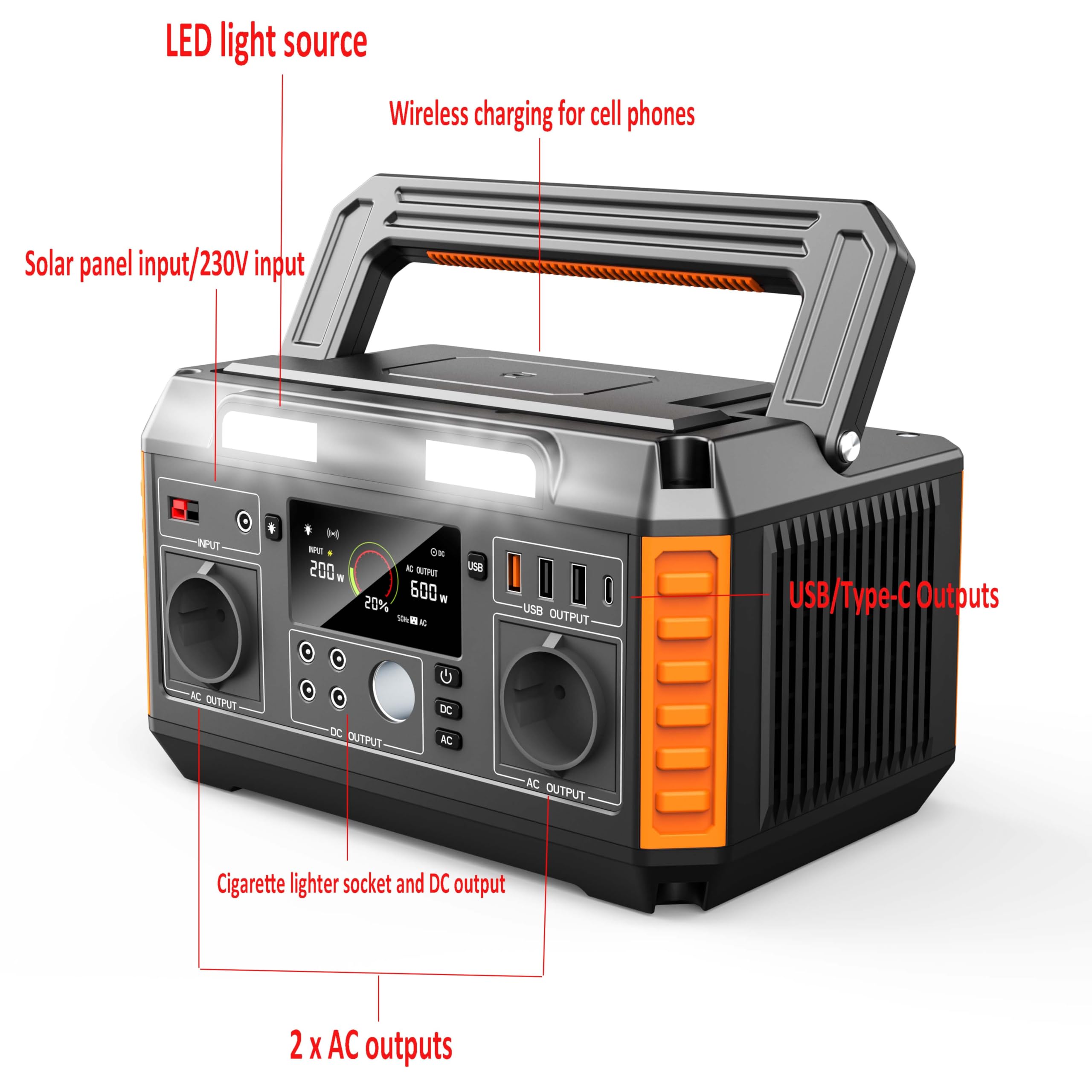 Generador Solar Portable Power Station 520WH 600W con Salida De Onda Senoidal Pura AC/DC Generador De Almacenamiento De Energía De Emergencia para Camping Batería 140400 Mah