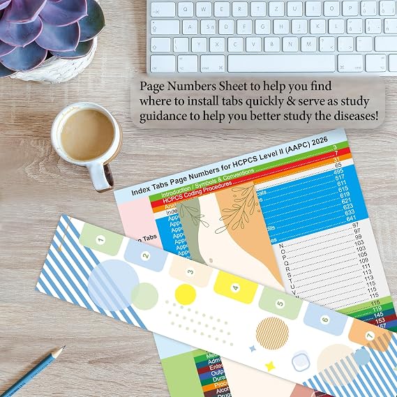 Improved Index Tabs for HCPCS Level II 2026 Codebook (AAPC Version), Color-Coded & Laminated, Printed Tabs with Blank Ones, Alignment Guide and Page Numbers Sheet Included, Tear-Resistant & Waterproof