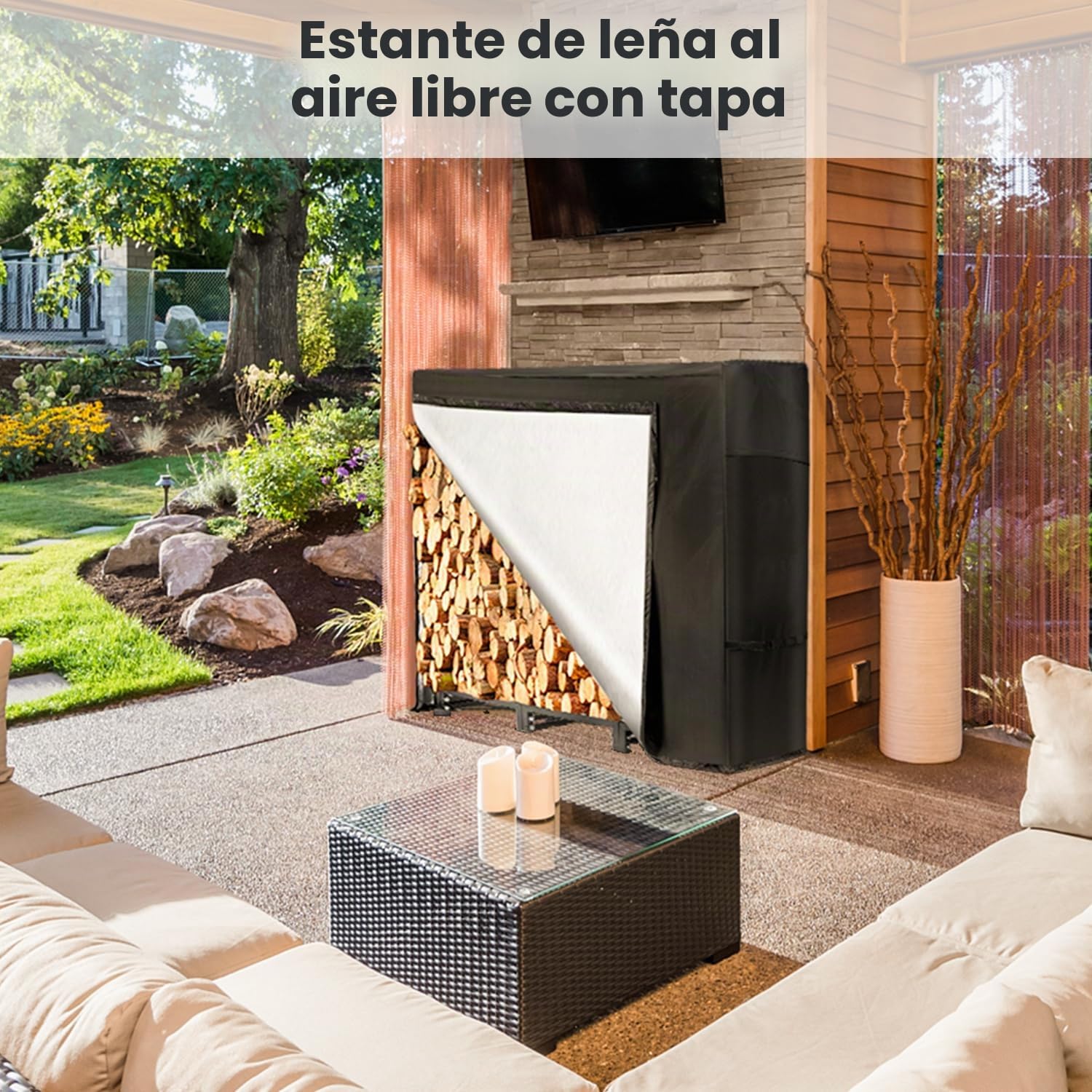 NALONE Estante de leña para exteriores con cubierta y bolsa de transporte, estante de soporte cuadrado resistente con cubierta impermeable para chimeneas, hogueras (Negro 4FT)