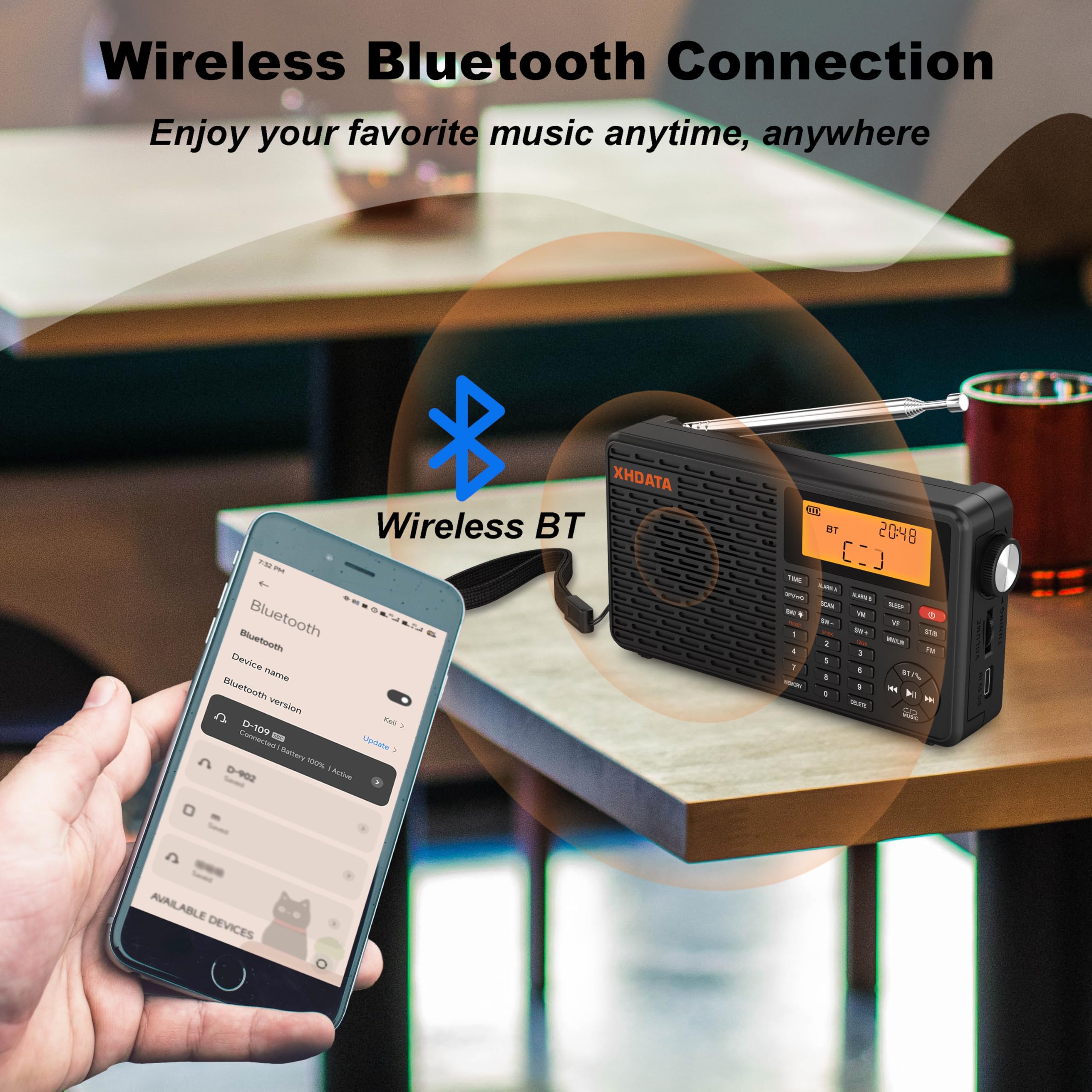 Radio portátil, Radios Digitales con Bluetooth, Radio FM Recargable USB-C, Reloj de Alarma Dual, Temporizador de Sueño, 400 Preajustes, Soporta Micro SD para Música, XHDATA D-109 para Casa, Viajes